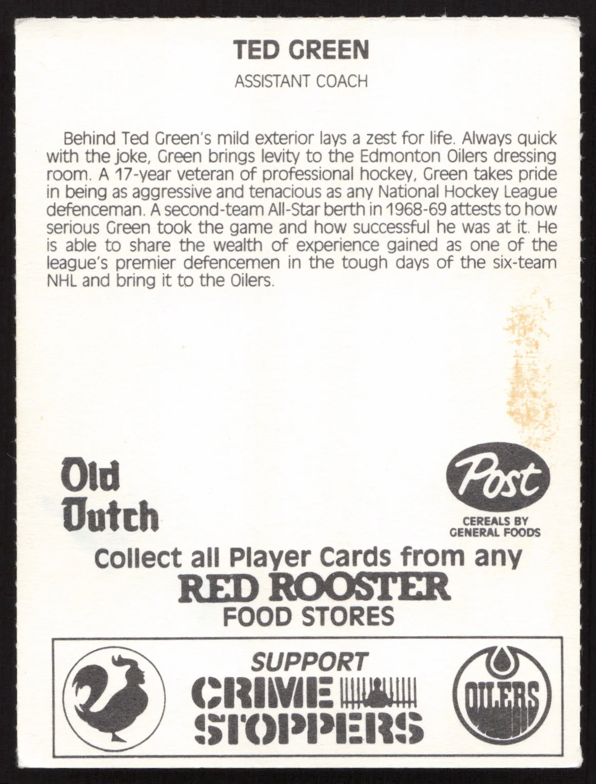 Ted Green Autographed 1984-85 Post Red Rooster Card Edmonton Oilers SKU #258391 - Image 2