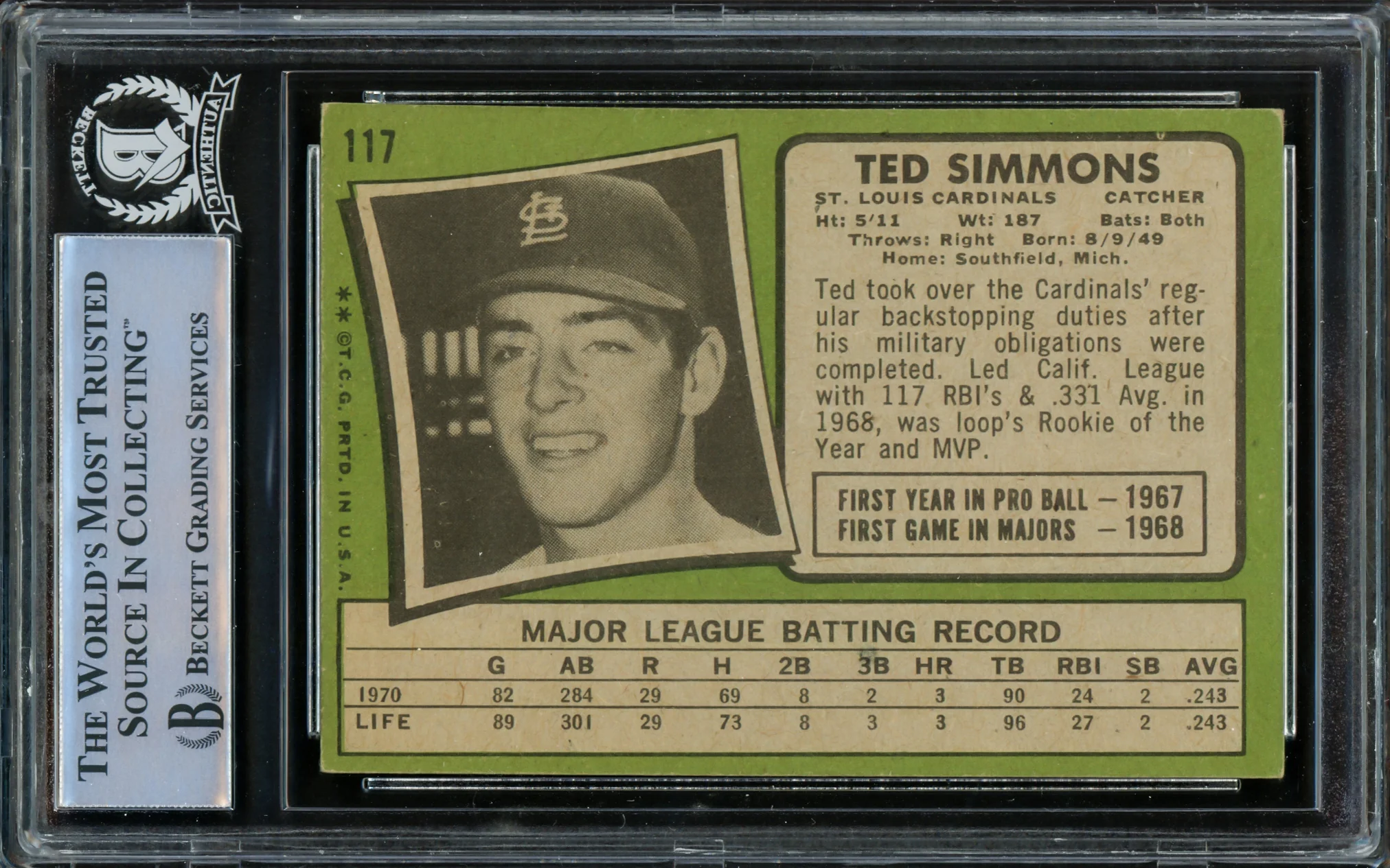 Ted Simmons Autographed 1971 Topps Rookie Card #117 St. Louis Cardinals Beckett BAS #14862569 - Image 2