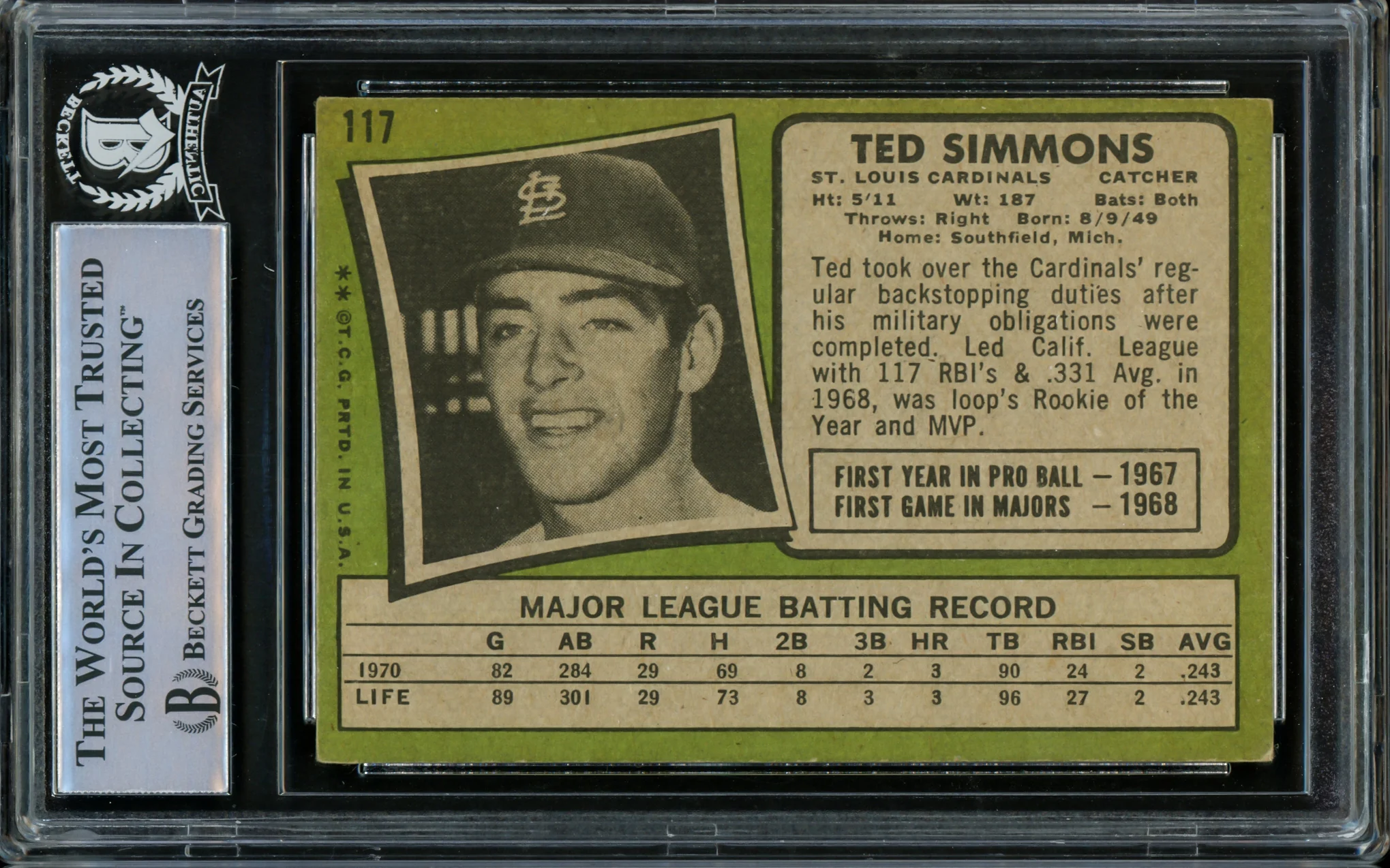 Ted Simmons Autographed 1971 Topps Rookie Card #117 St. Louis Cardinals Beckett BAS #14862592 - Image 2