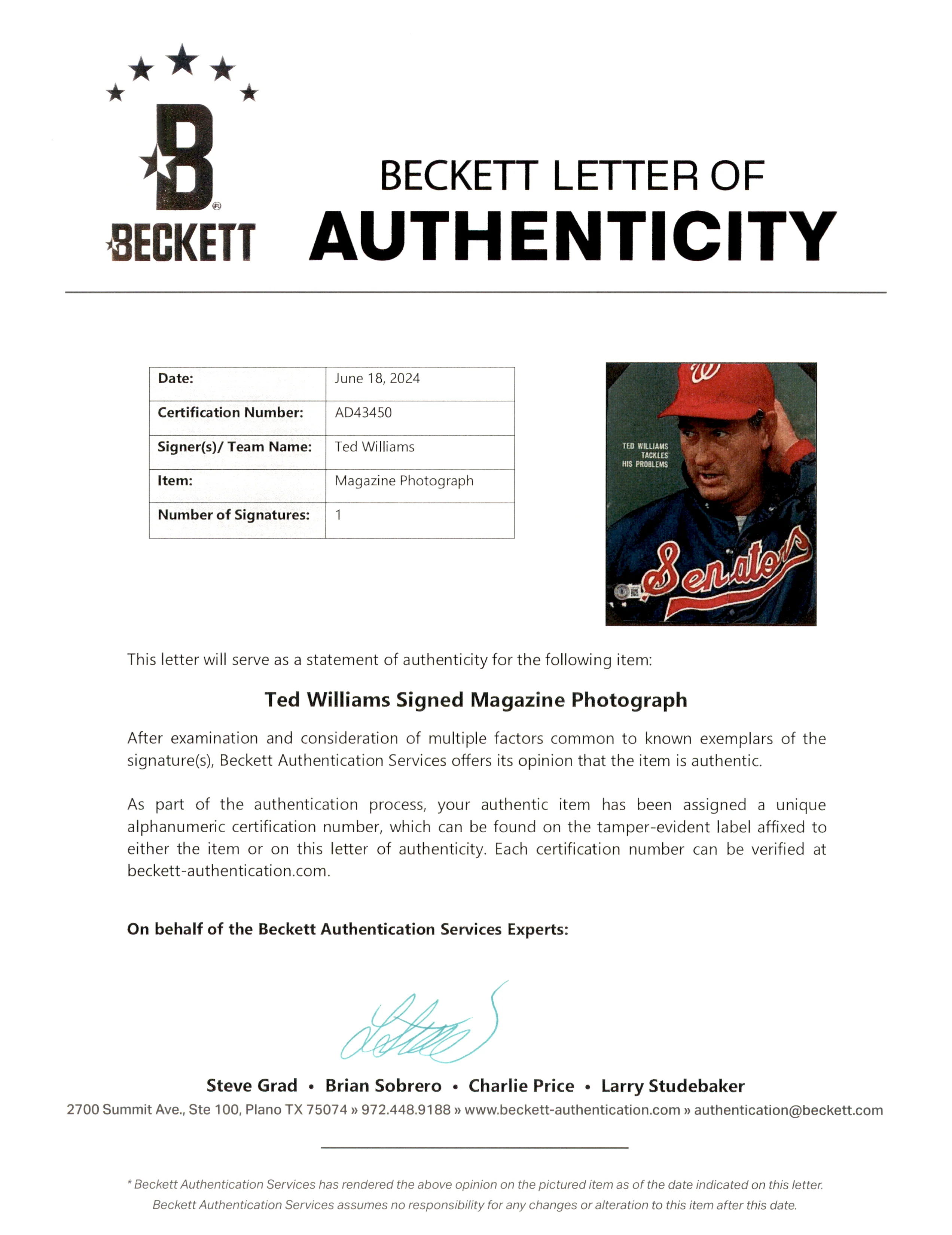 Ted Williams Autographed 8x10 Sports Illustrated Cover Washington Senators Beckett BAS #AD43450 - Image 3