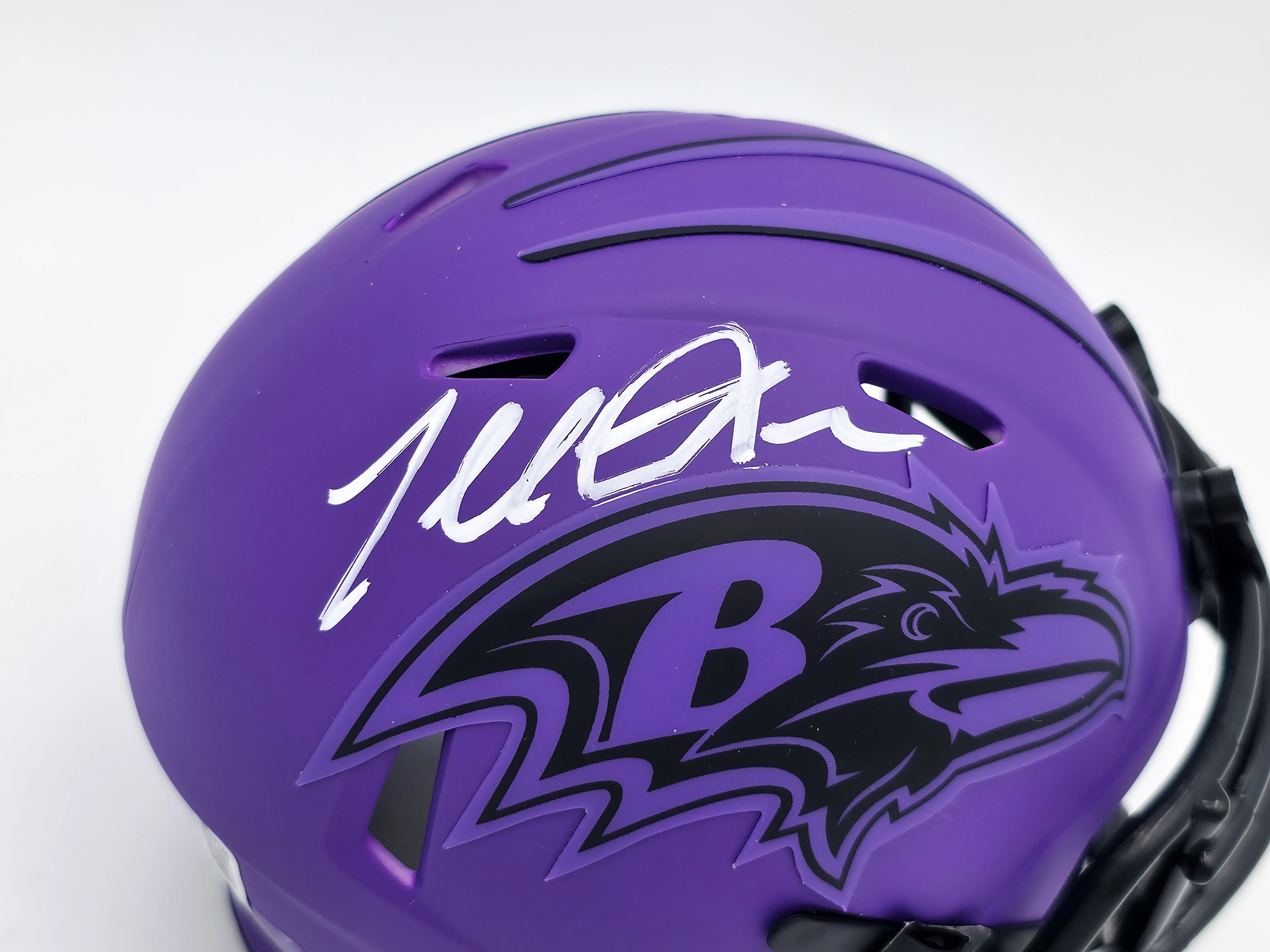 Terrell Suggs Autographed Baltimore Ravens Purple Speed Rave Mini Helmet Beckett BAS Witness Stock #241396 - Image 2