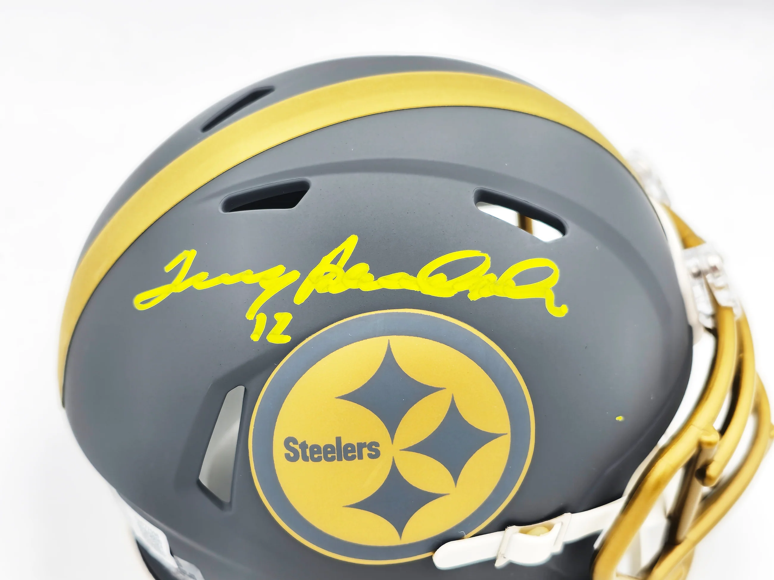 Terry Bradshaw Autographed Pittsburgh Steelers Slate Gray Speed Mini Helmet Beckett BAS Witness Stock #230083 - Image 2