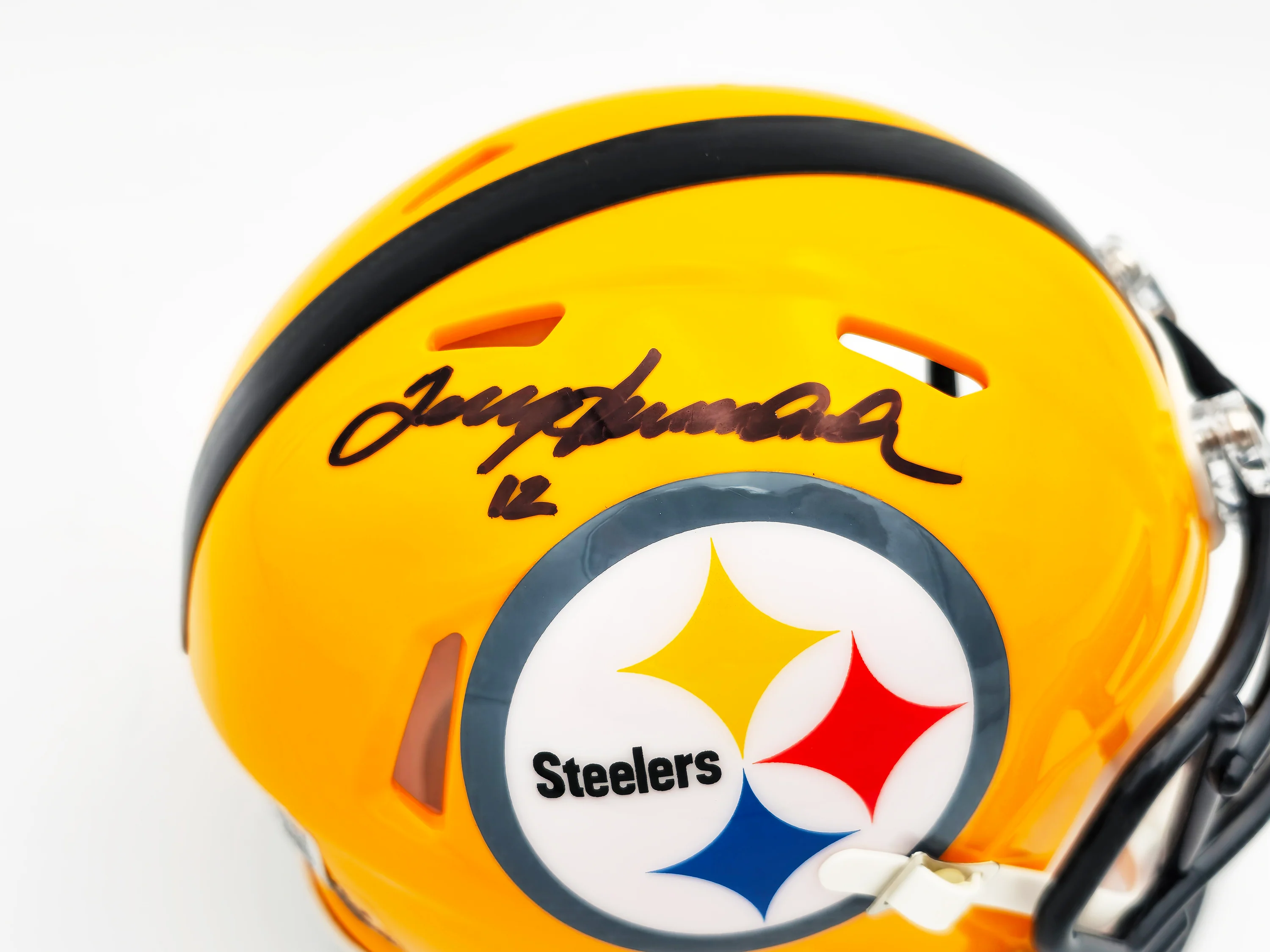 Terry Bradshaw Autographed Pittsburgh Steelers Yellow Speed Mini Helmet Beckett BAS Witness Stock #230229 - Image 2