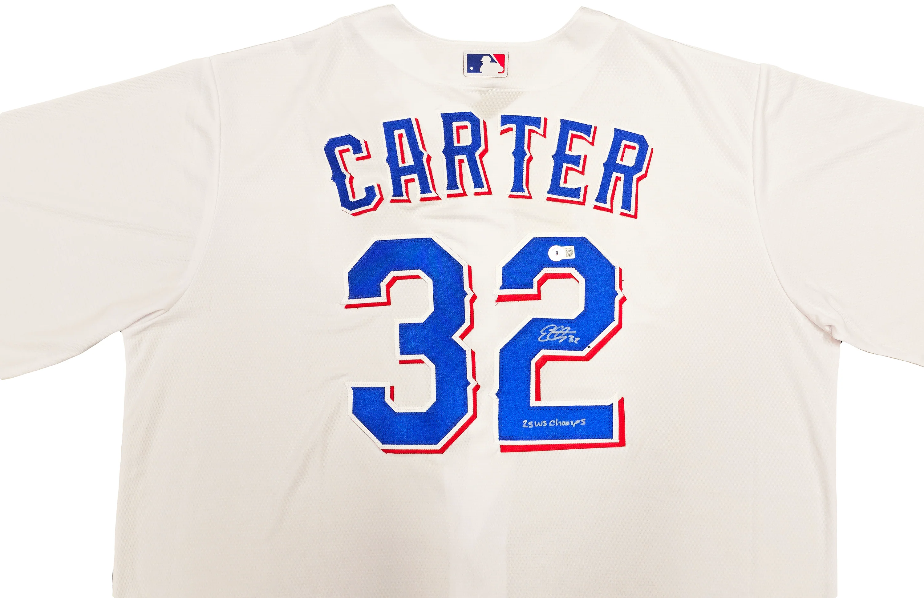 Texas Rangers Evan Carter Autographed White Nike Jersey Size 2XLT "23 WS Champs" Beckett BAS Witness Stock #236694 - Image 2