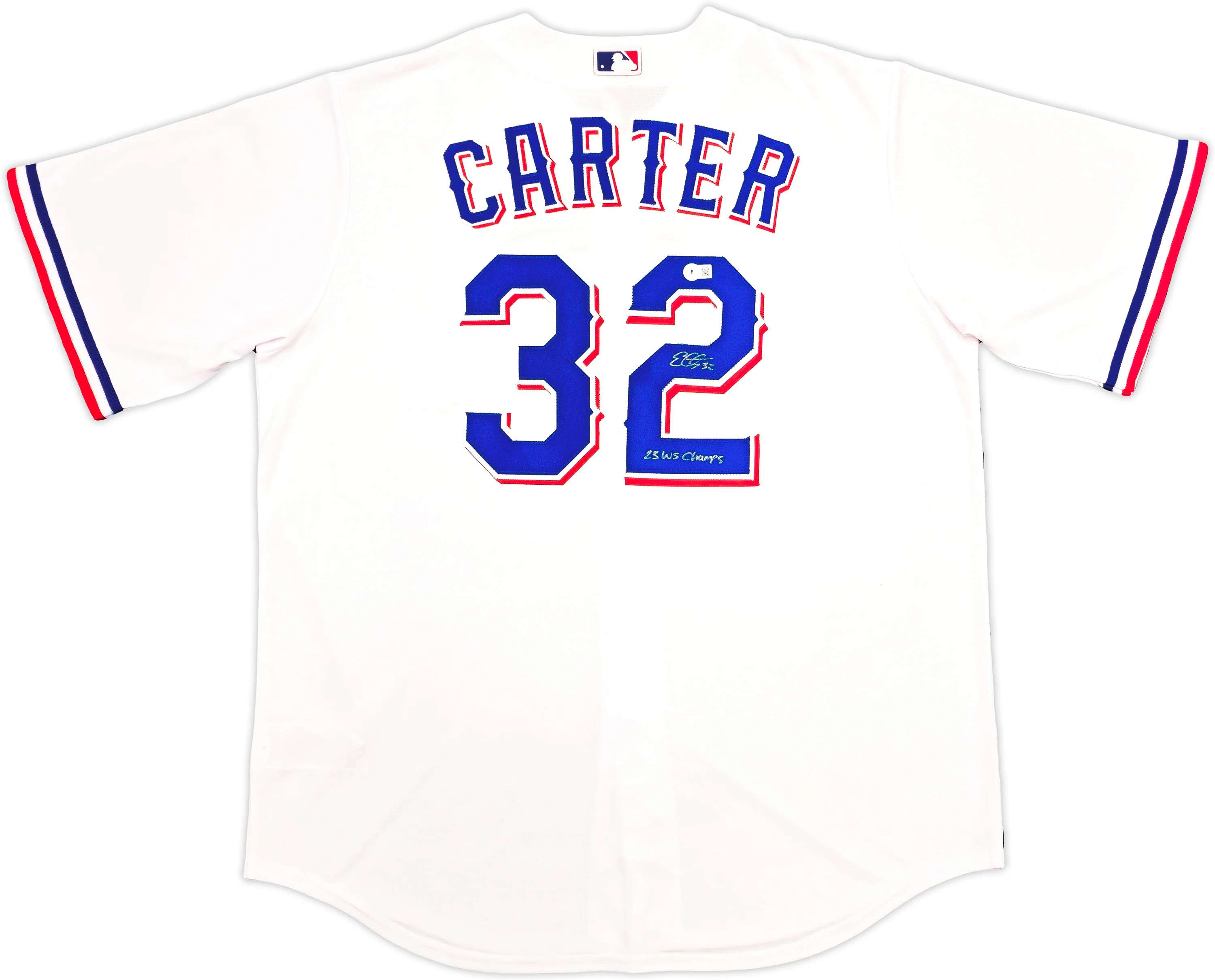 Texas Rangers Evan Carter Autographed White Nike Jersey Size XLT "23 WS Champs" Beckett BAS Witness Stock #236695 - Image 2