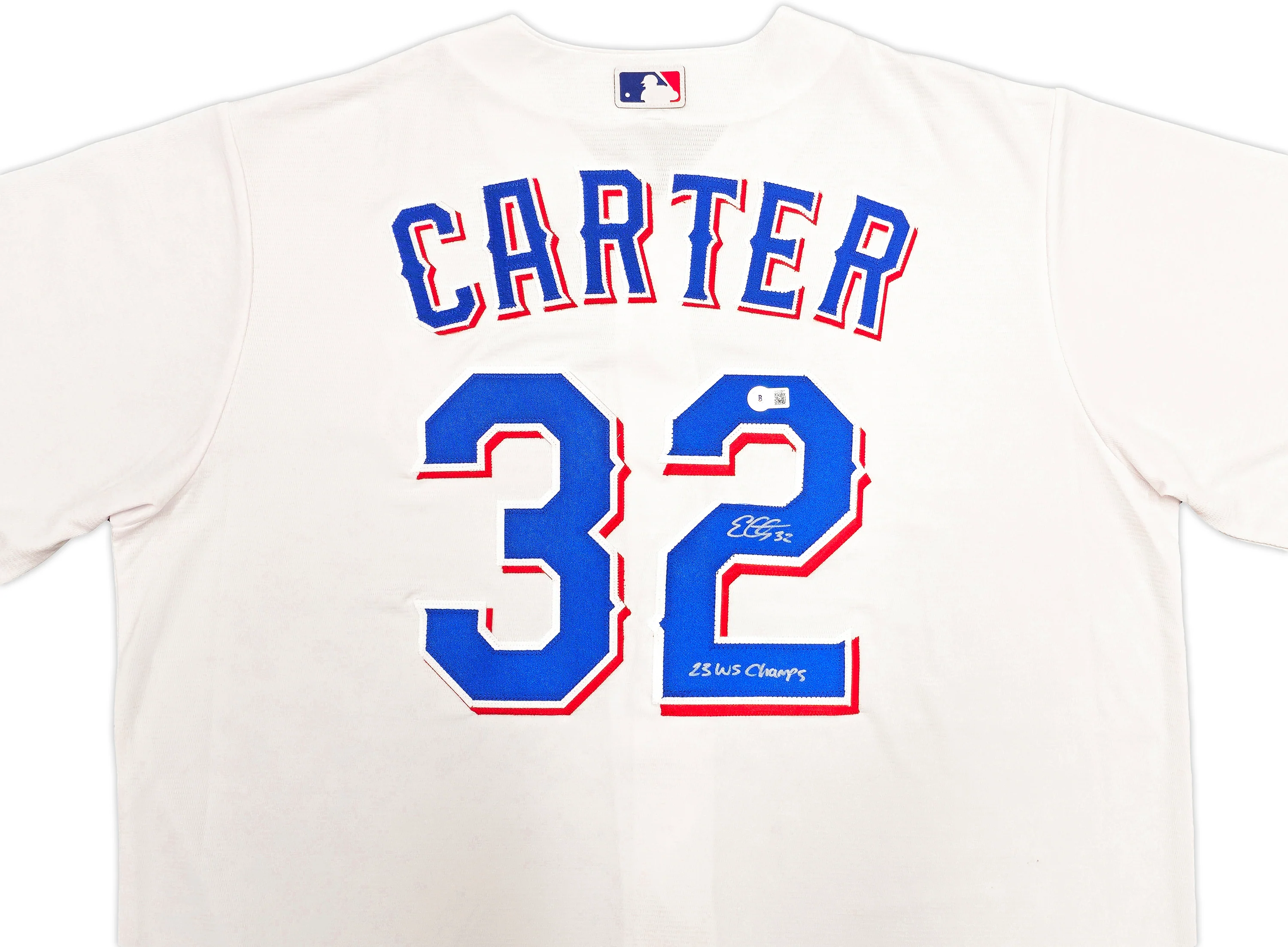 Texas Rangers Evan Carter Autographed White Nike Jersey Size XLT "23 WS Champs" Beckett BAS Witness Stock #236695 - Image 3