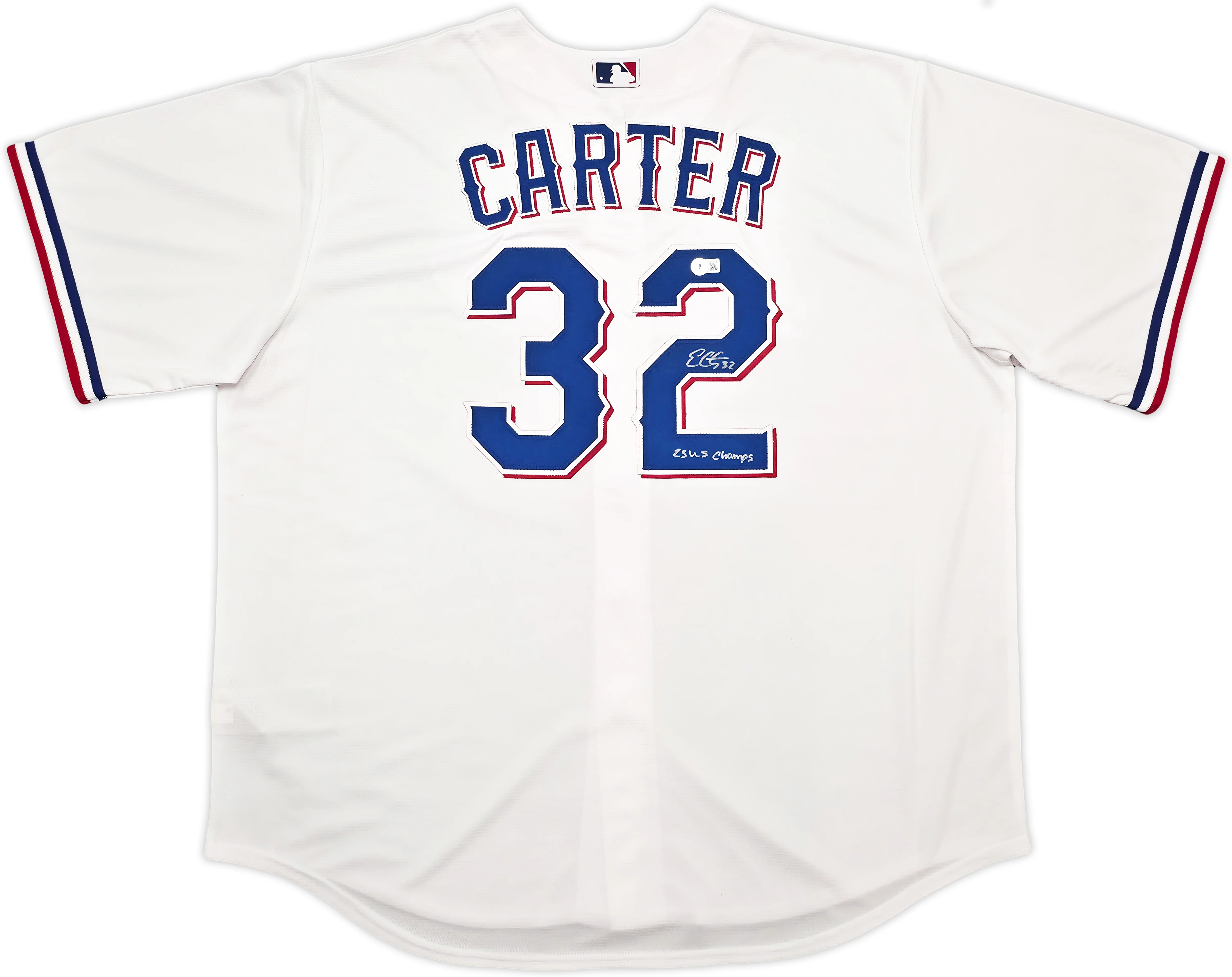 Texas Rangers Evan Carter Autographed White Nike Jersey Size XXL "23 WS Champs" Beckett BAS Witness Stock #252438