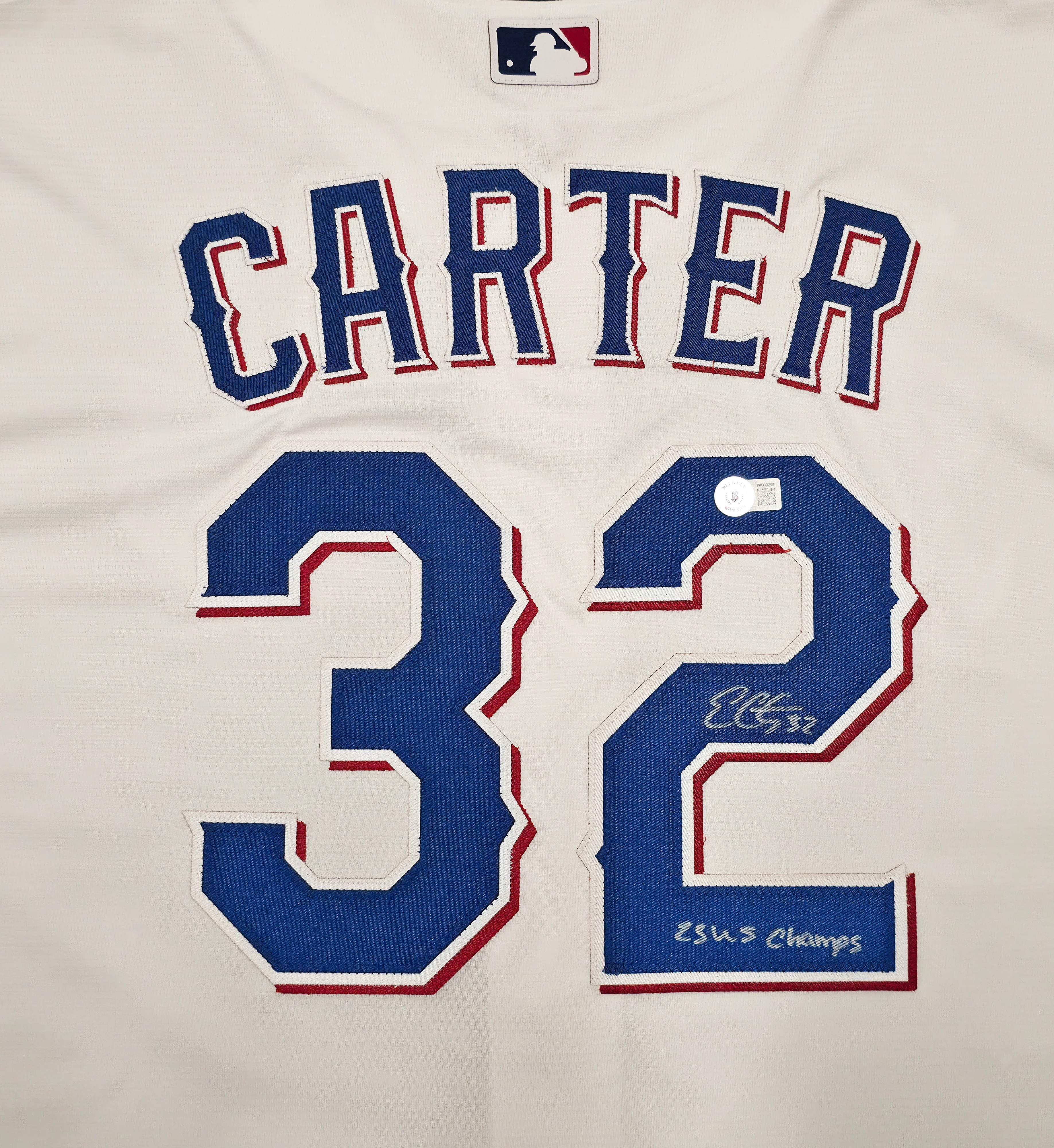 Texas Rangers Evan Carter Autographed White Nike Jersey Size XXL "23 WS Champs" Beckett BAS Witness Stock #252438 - Image 2