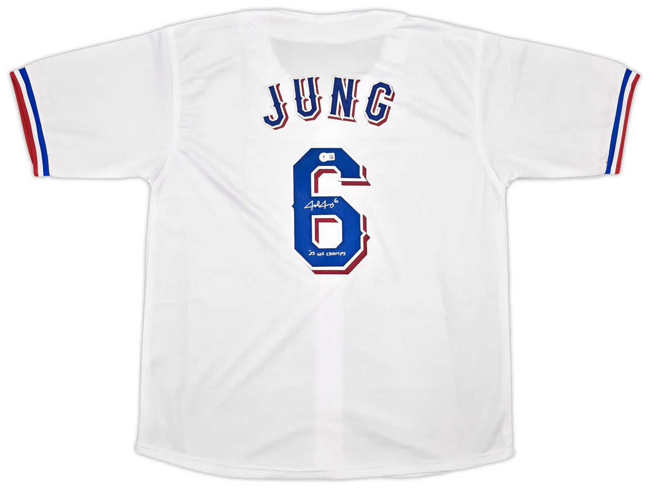 Texas Rangers Josh Jung Autographed White Jersey "23 WS Champs" Beckett BAS Witness Stock #253564 - Image 2