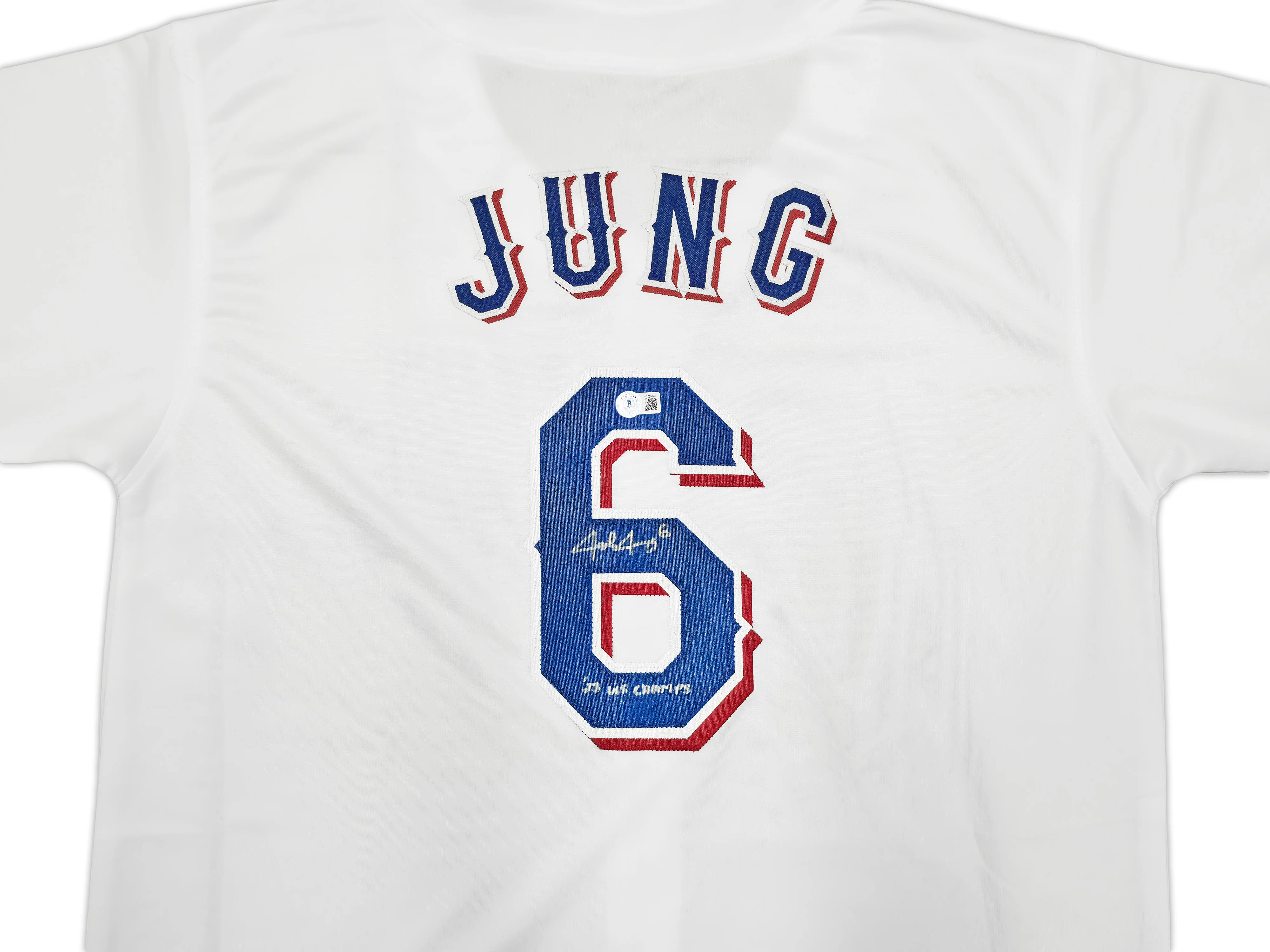 Texas Rangers Josh Jung Autographed White Jersey "23 WS Champs" Beckett BAS Witness Stock #253564 - Image 3