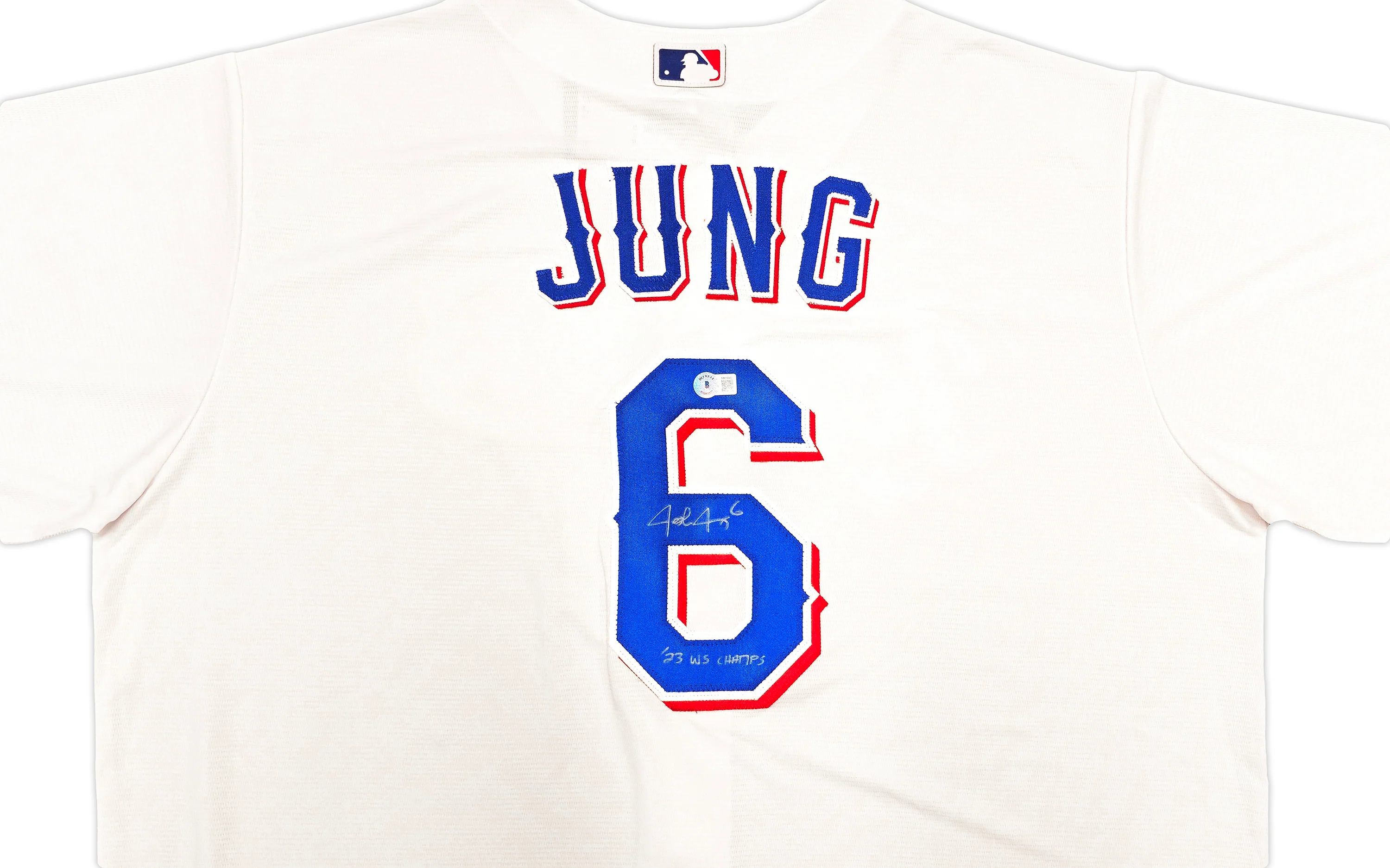 Texas Rangers Josh Jung Autographed White Nike Jersey Size 2XLT "23 WS Champs" Beckett BAS Witness Stock #236687 - Image 2
