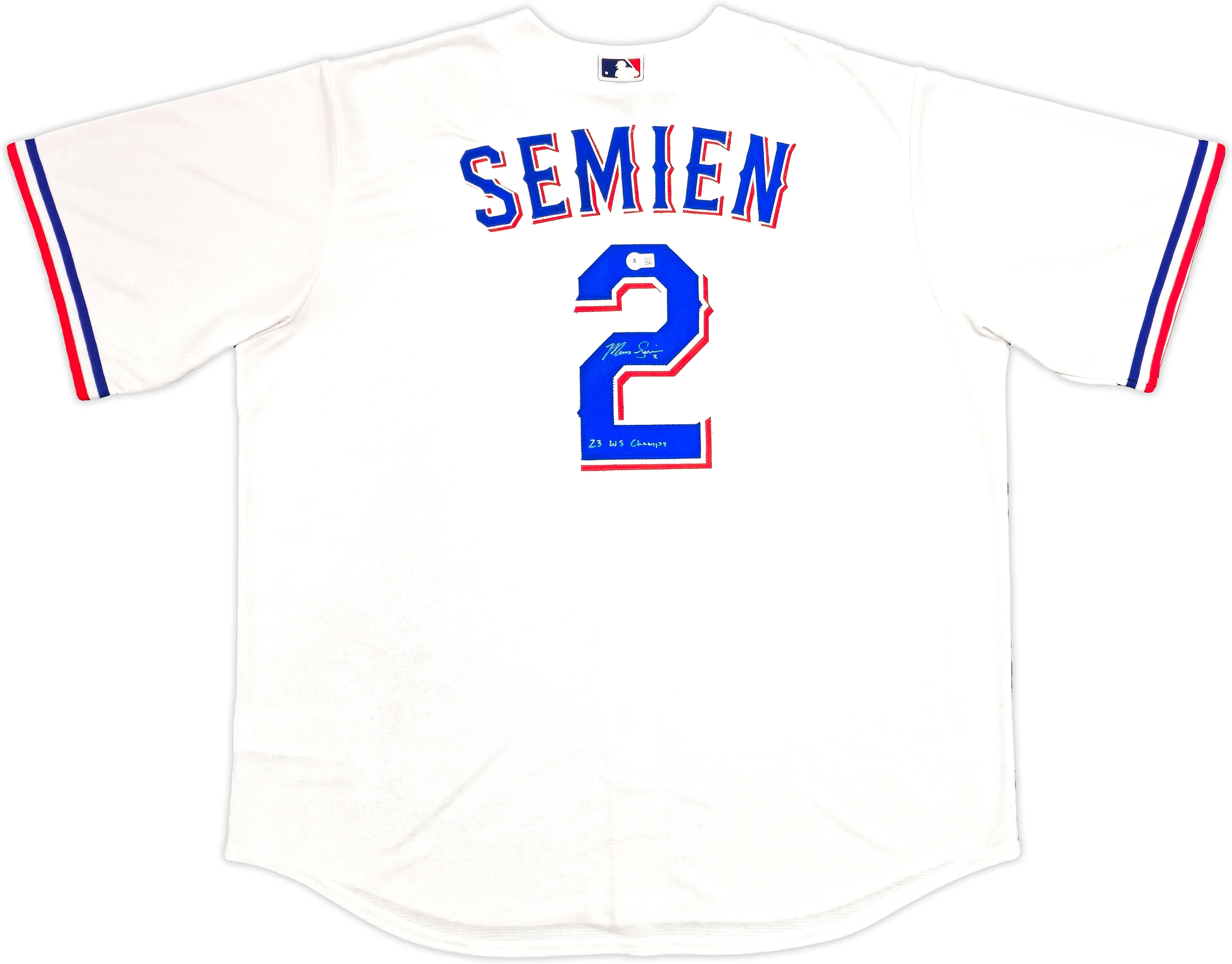 Texas Rangers Marcus Semien Autographed White Nike Jersey Size 2XLT "23 WS Champs" Beckett BAS Witness Stock #236690 - Image 2