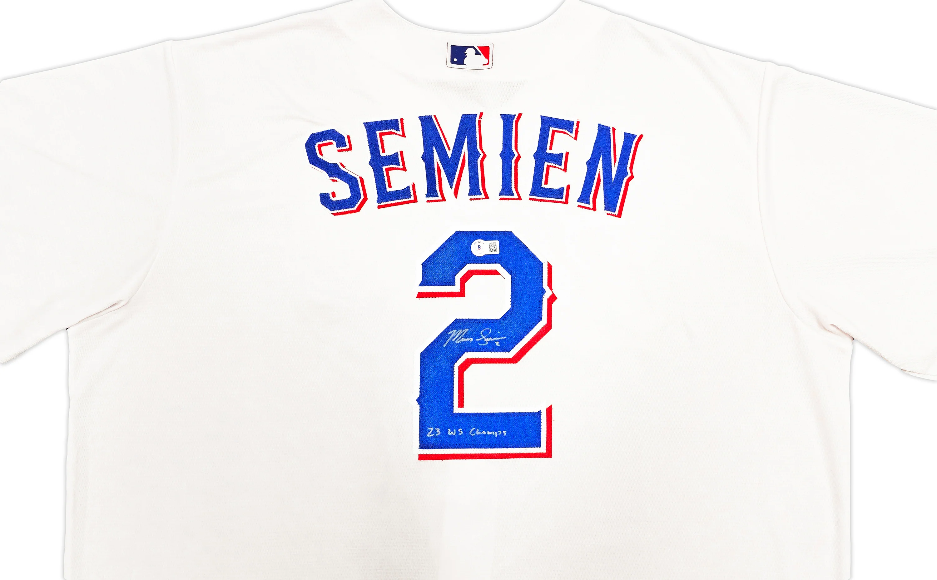Texas Rangers Marcus Semien Autographed White Nike Jersey Size 2XLT "23 WS Champs" Beckett BAS Witness Stock #236690 - Image 3