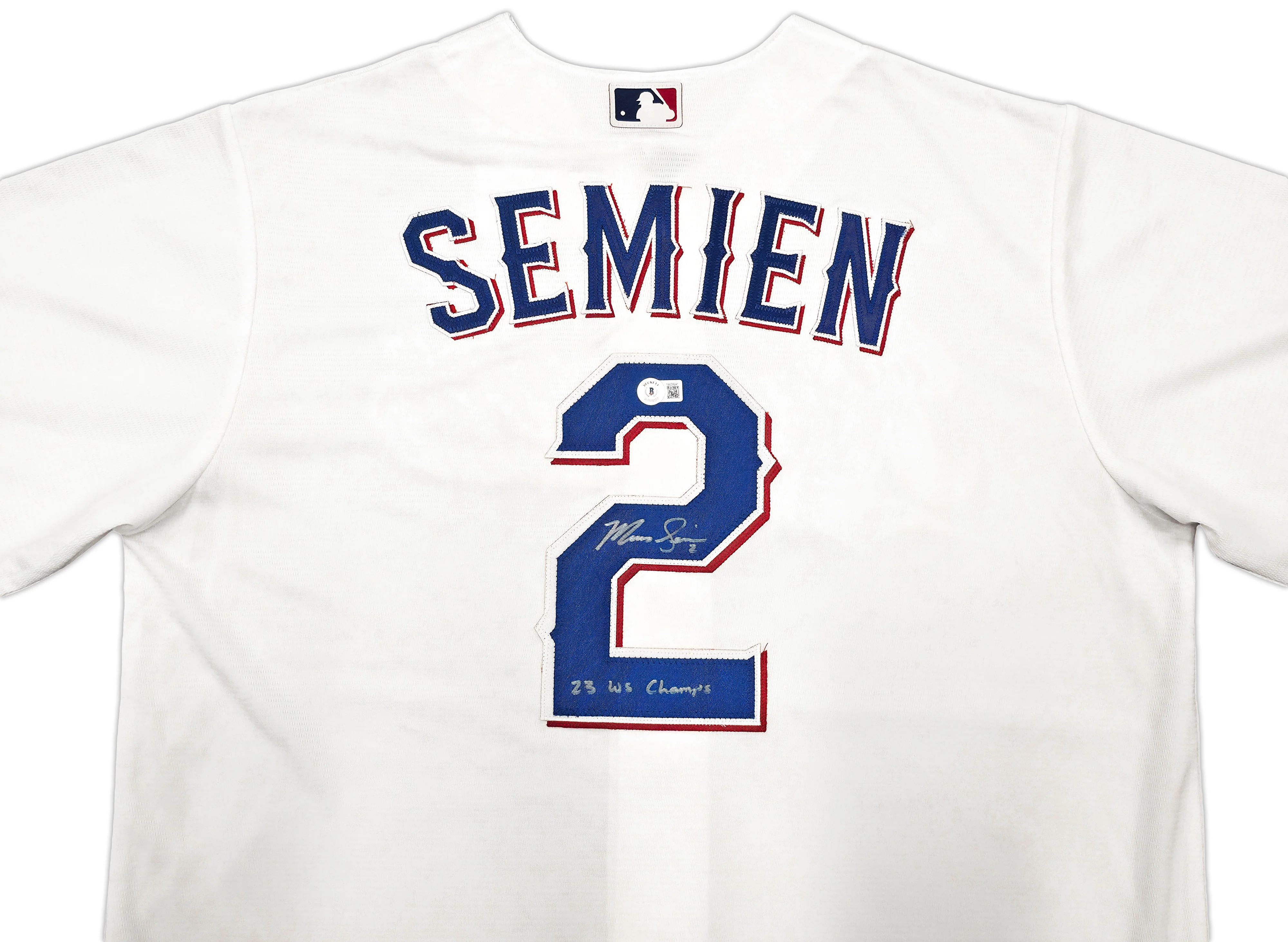 Texas Rangers Marcus Semien Autographed White Nike Jersey Size L "23 WS Champs" Beckett BAS Witness Stock #252433 - Image 2
