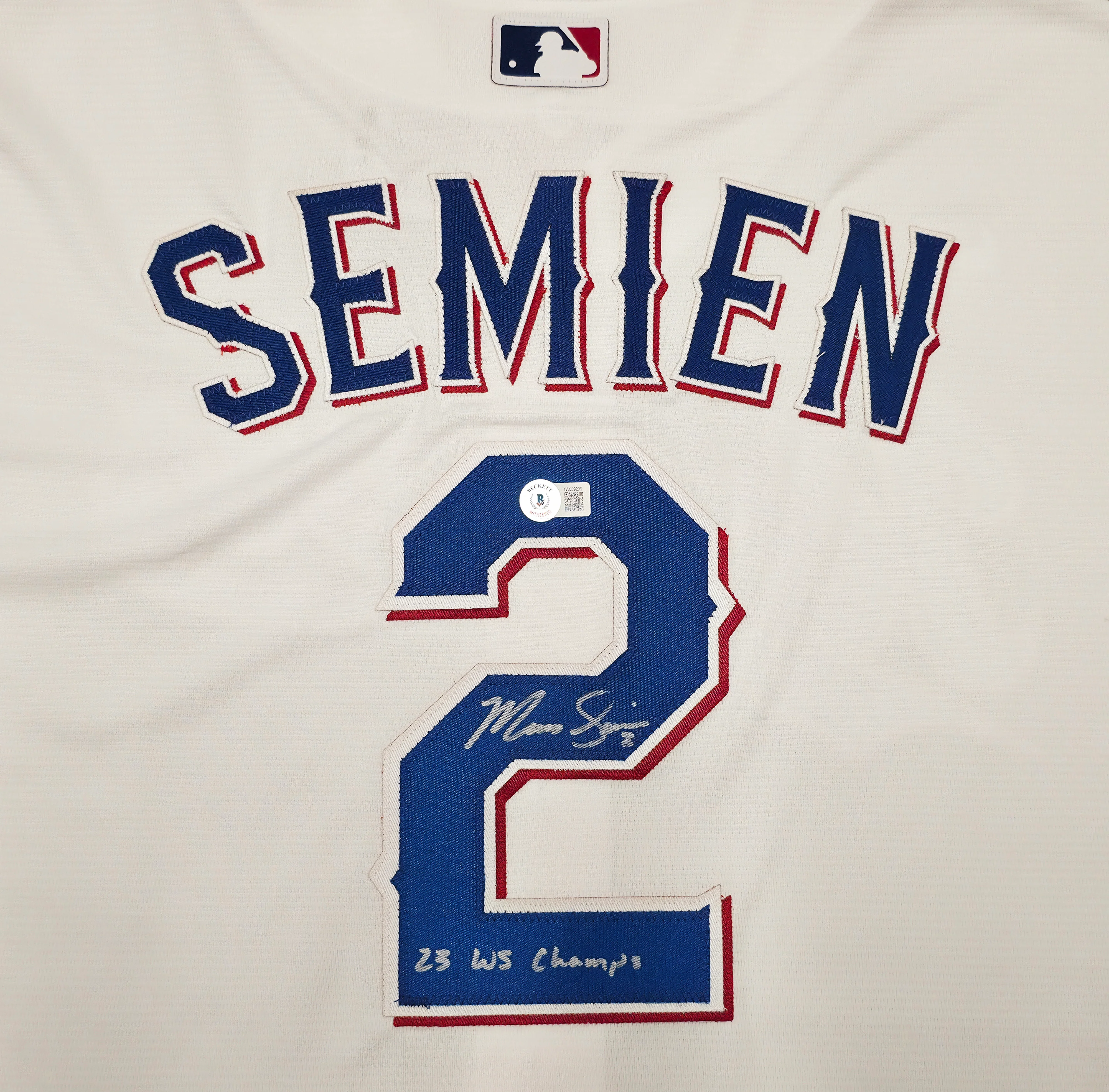 Texas Rangers Marcus Semien Autographed White Nike Jersey Size XXL "23 WS Champs" Beckett BAS Witness Stock #252435 - Image 2
