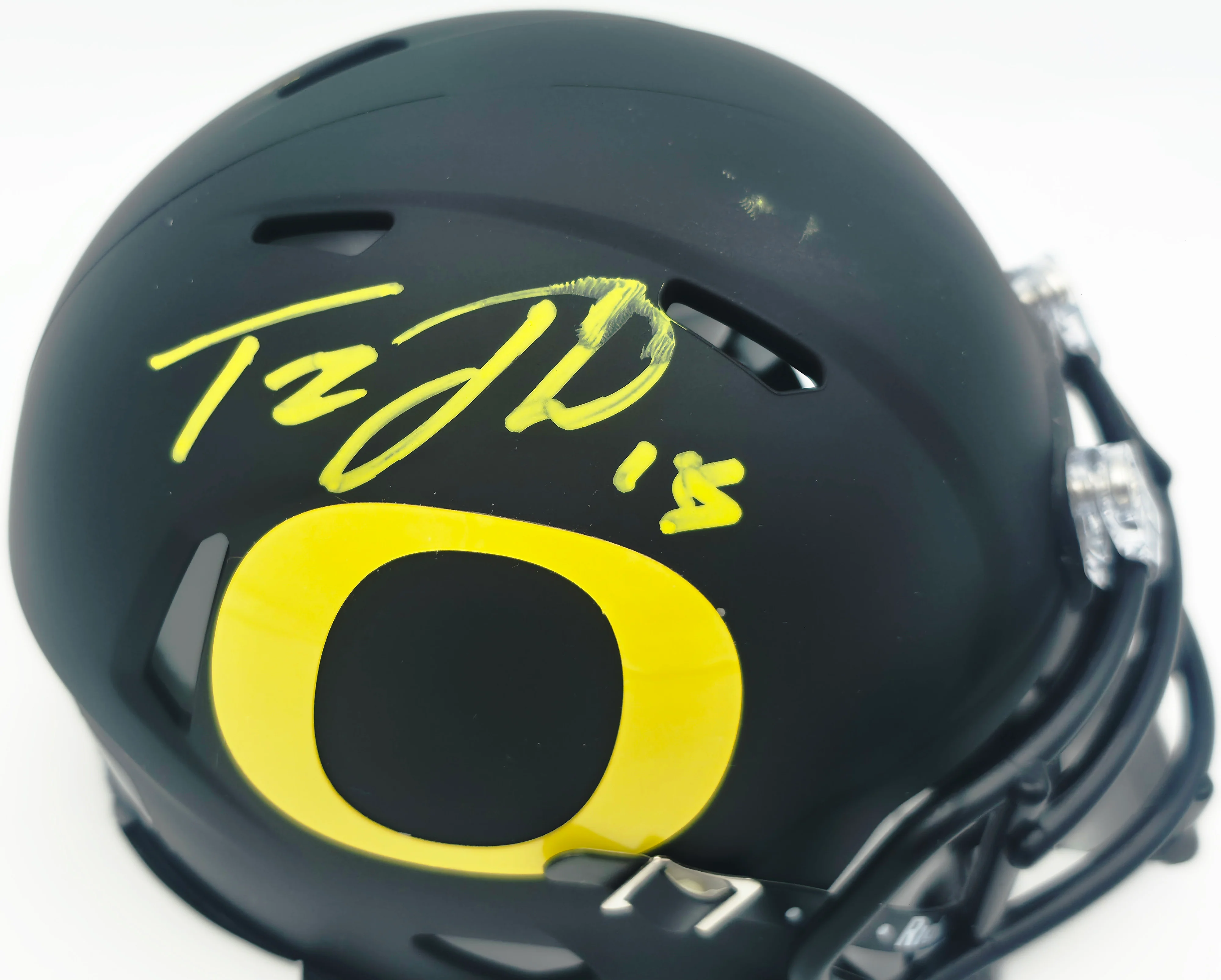 Tez Johnson Autographed Oregon Ducks Matte Black Speed Mini Helmet (Smudged) JSA Witness #WC196032 - Image 2