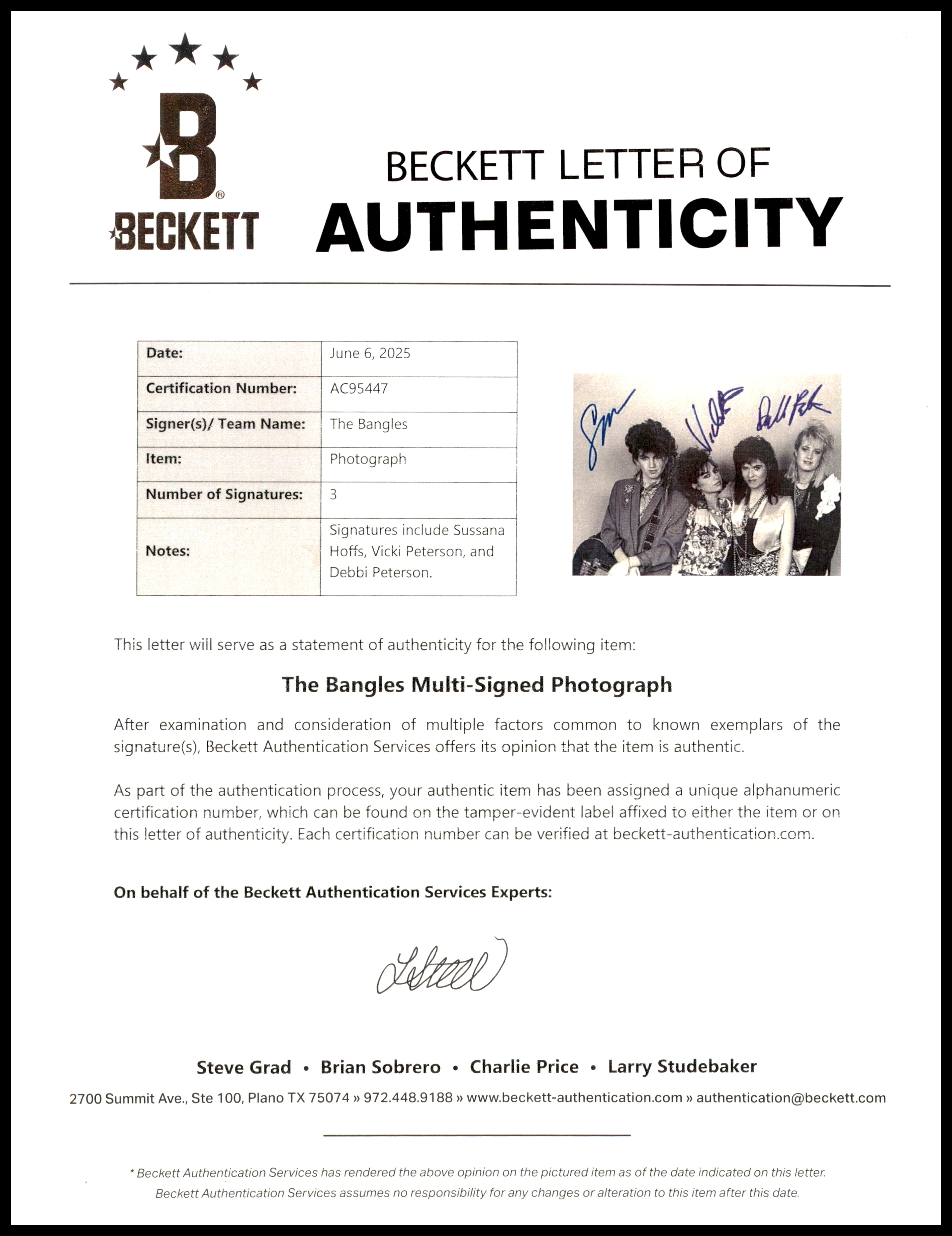 The Bangles Autographed 11x14 Photo Band With Susanna Hoffs Beckett BAS #AC95447 - Image 2