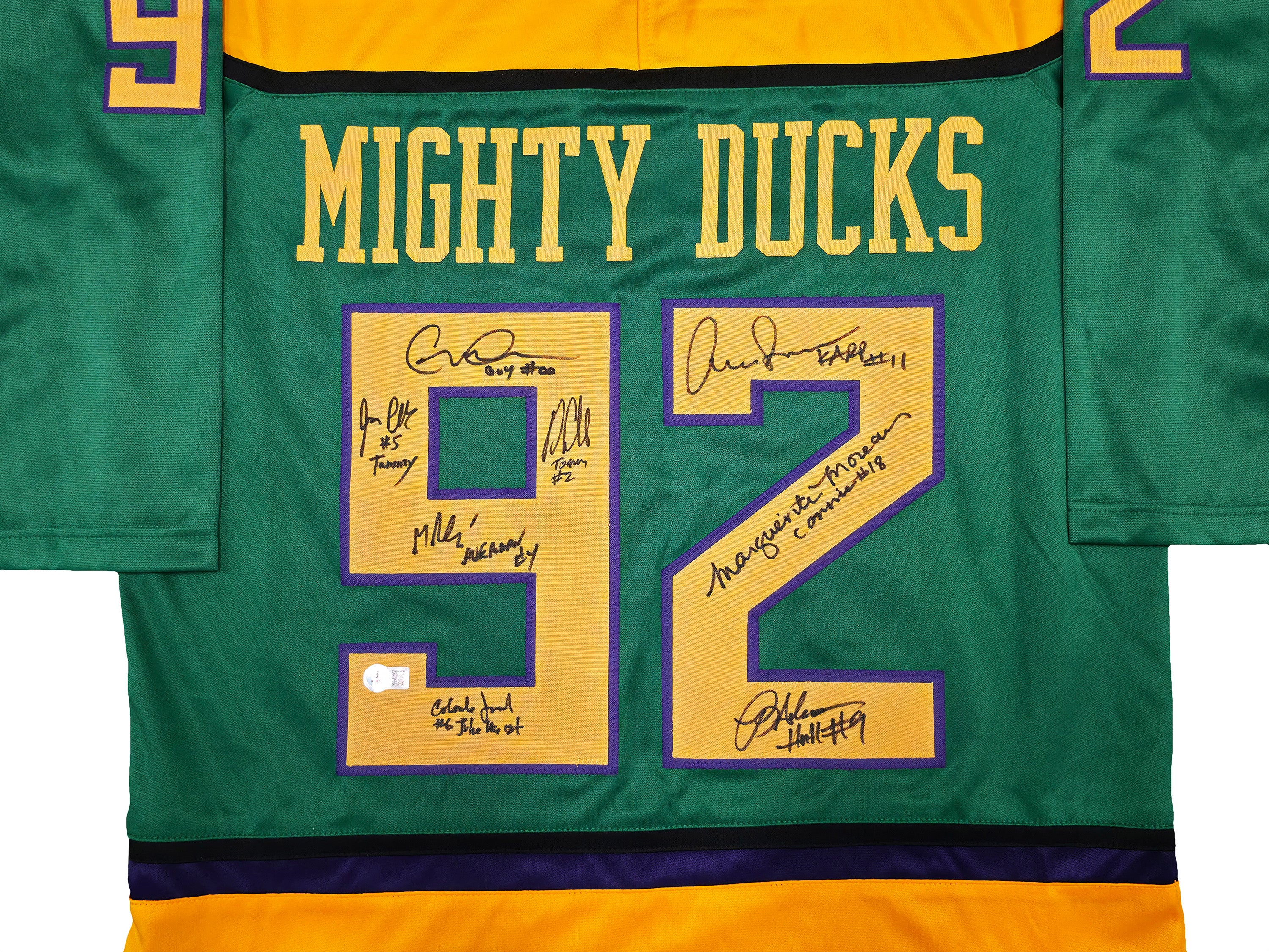 The Mighty Ducks Cast Autographed Green Hockey Sweater Jersey With 8 Signatures Beckett BAS Witness Stock #253582 - Image 2