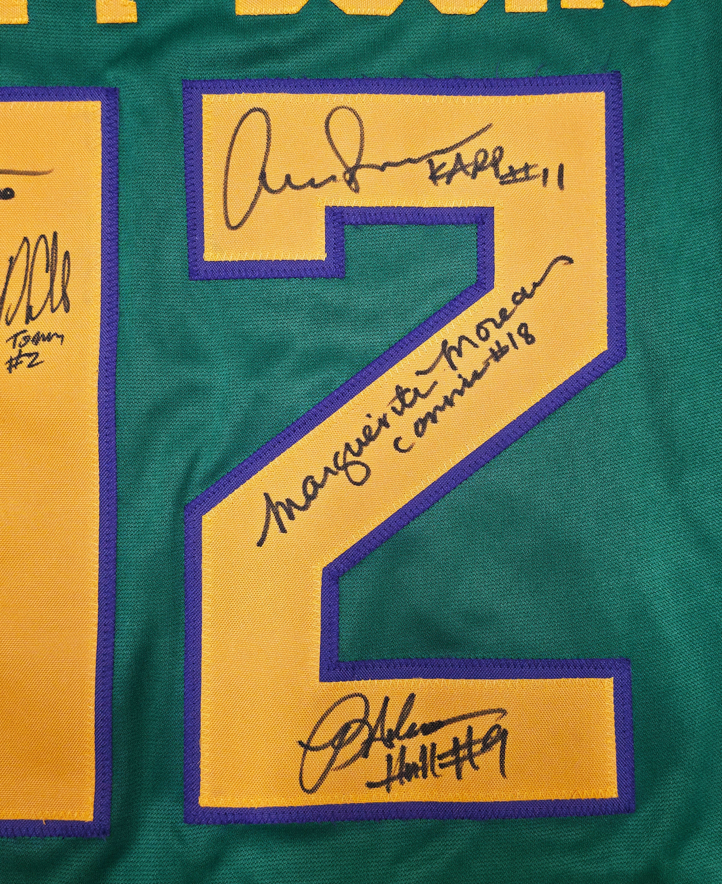 The Mighty Ducks Cast Autographed Green Hockey Sweater Jersey With 8 Signatures Beckett BAS Witness Stock #253582 - Image 5