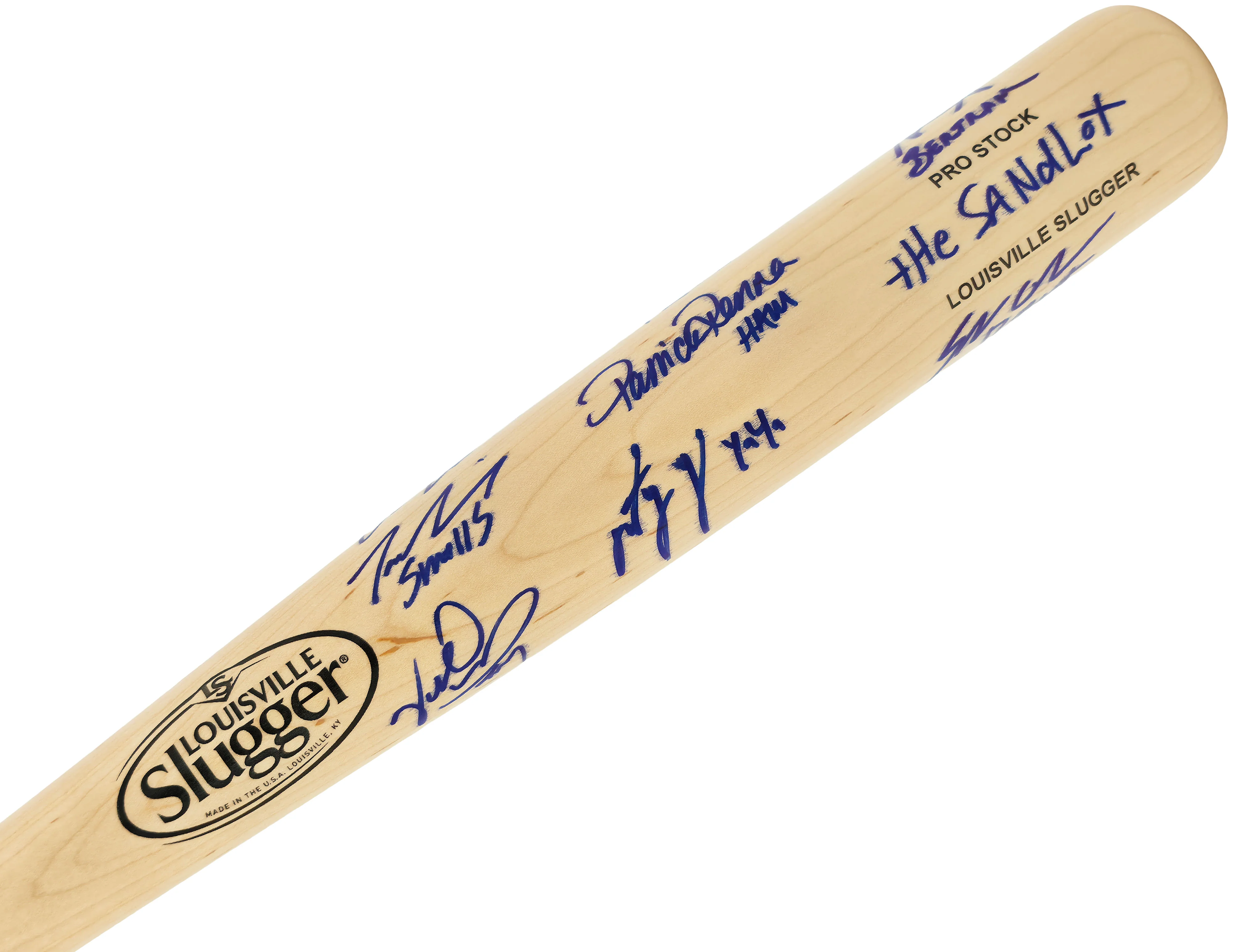 The Sandlot Movie Cast Autographed Blonde Louisville Slugger Baseball Bat With 8 Signatures Beckett BAS Witness Stock #260070