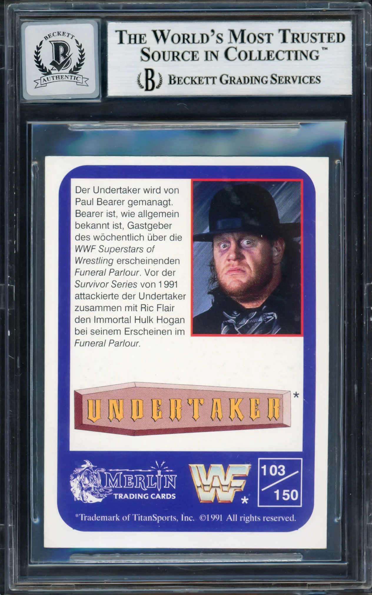 Undertaker Autographed 1991 Merlin WWF German Card #103 Auto Grade Gem Mint 10 (Small Crease) Beckett BAS #14057832 - Image 2