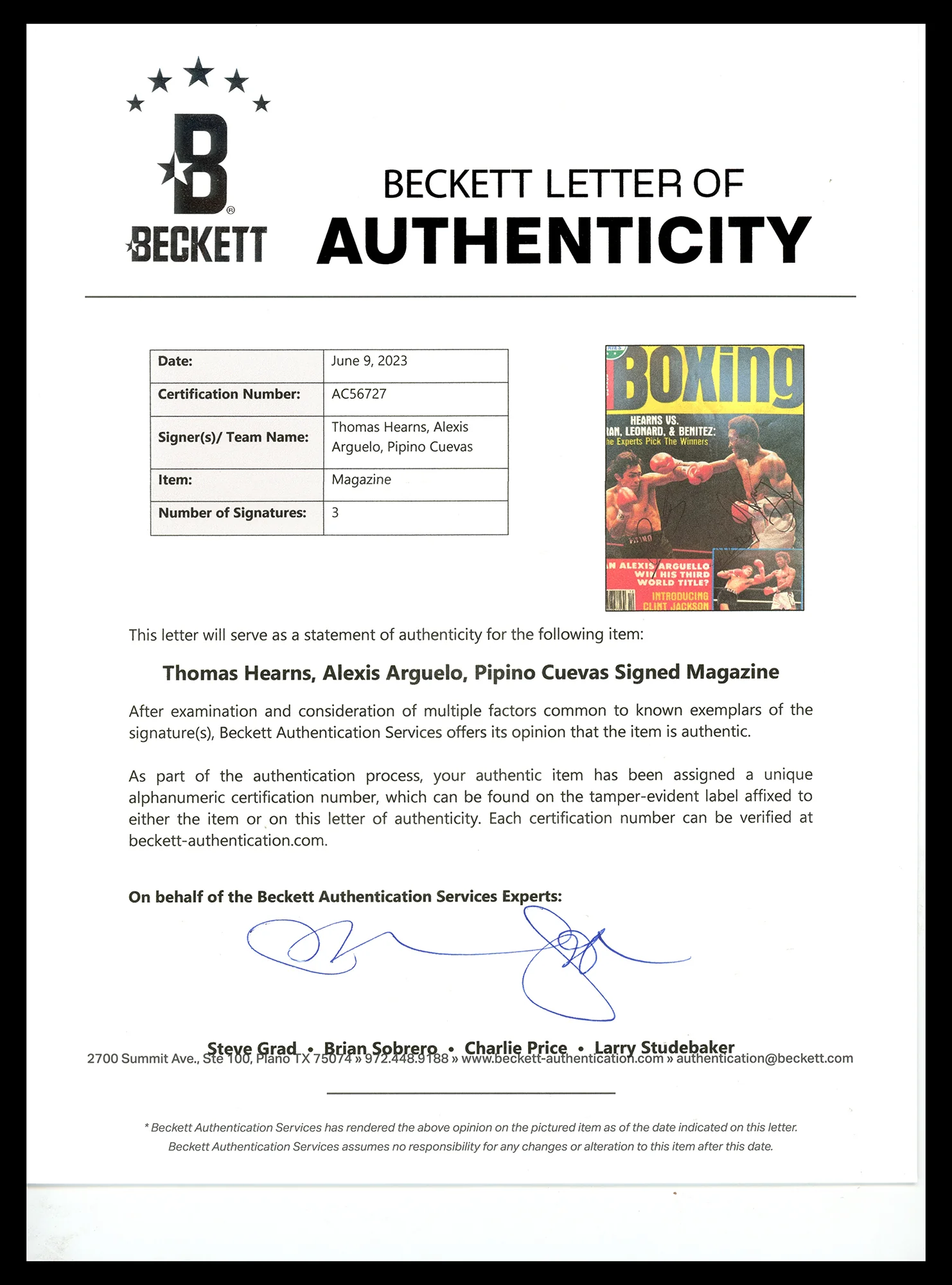 Thomas "Hitman" Hearns, Jose Pipino Cuevas & Alexis Arguello Autographed International Boxing Magazine Beckett BAS #AC56727 - Image 3