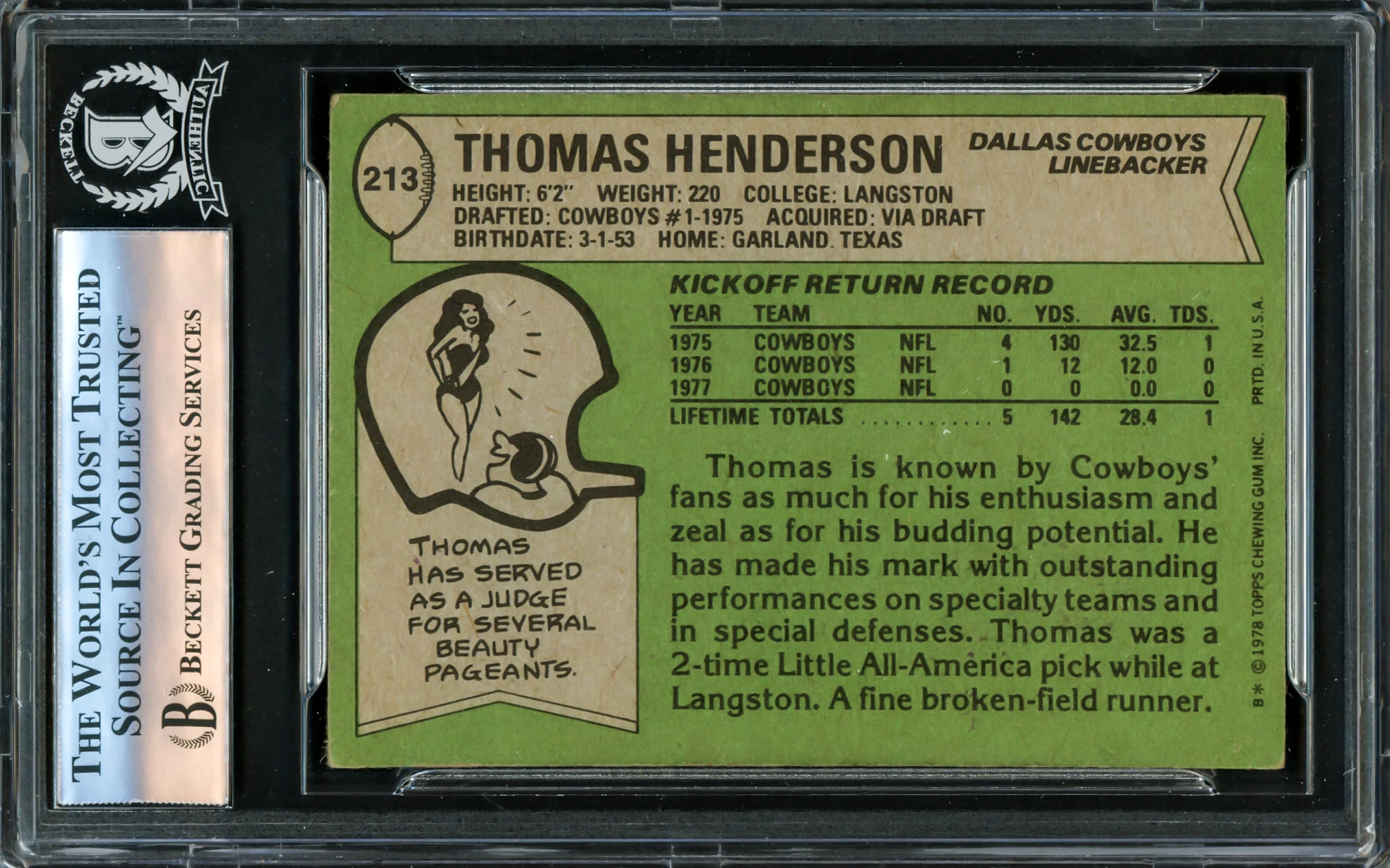 Thomas "Hollywood" Henderson Autographed 1978 Topps Rookie Card #213 Dallas Cowboys Beckett BAS #16176273 - Image 2