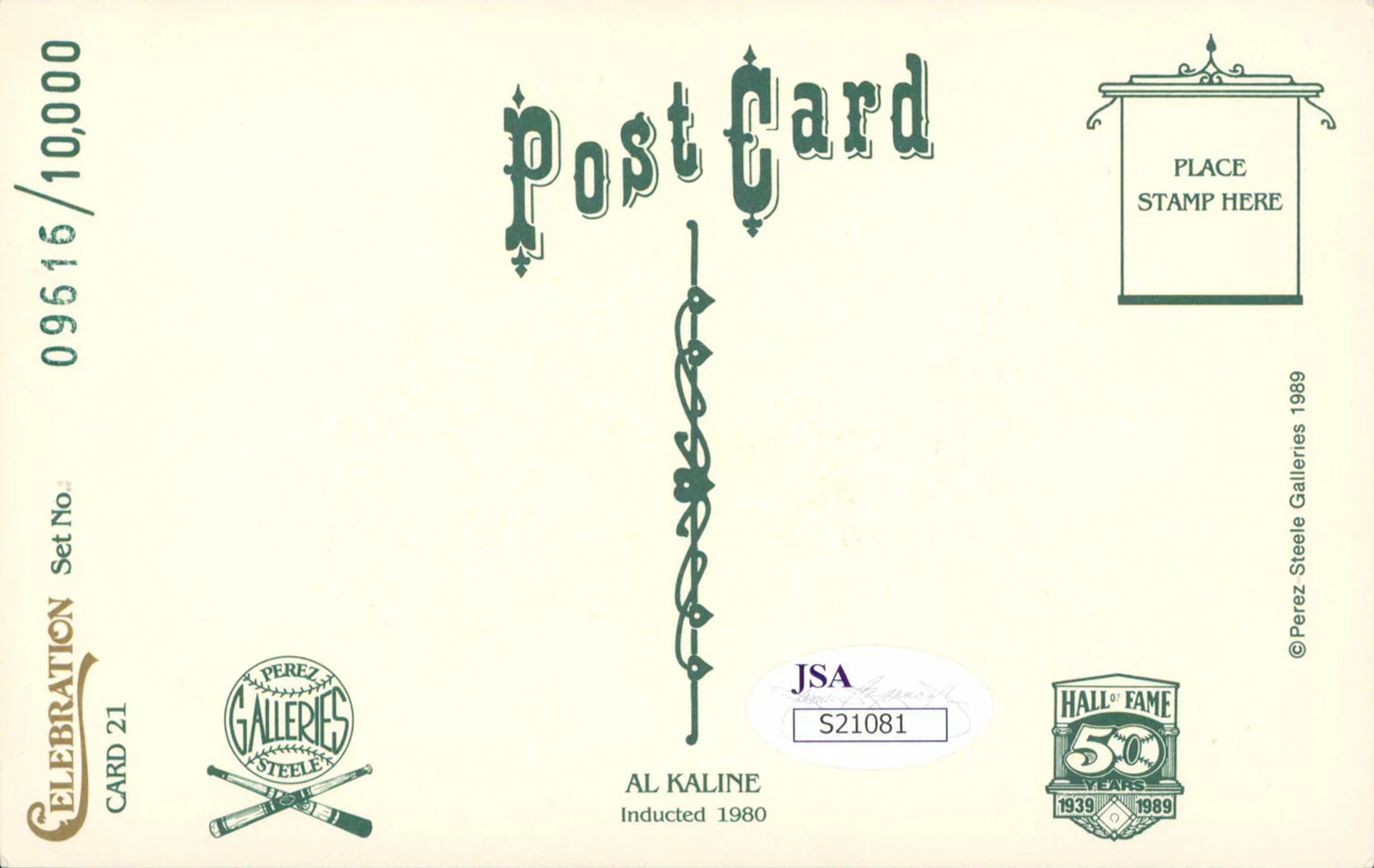 Tigers Al Kaline Authentic Signed 3.5x5.5 Perez Steele Postcard JSA #S21081 - Image 3