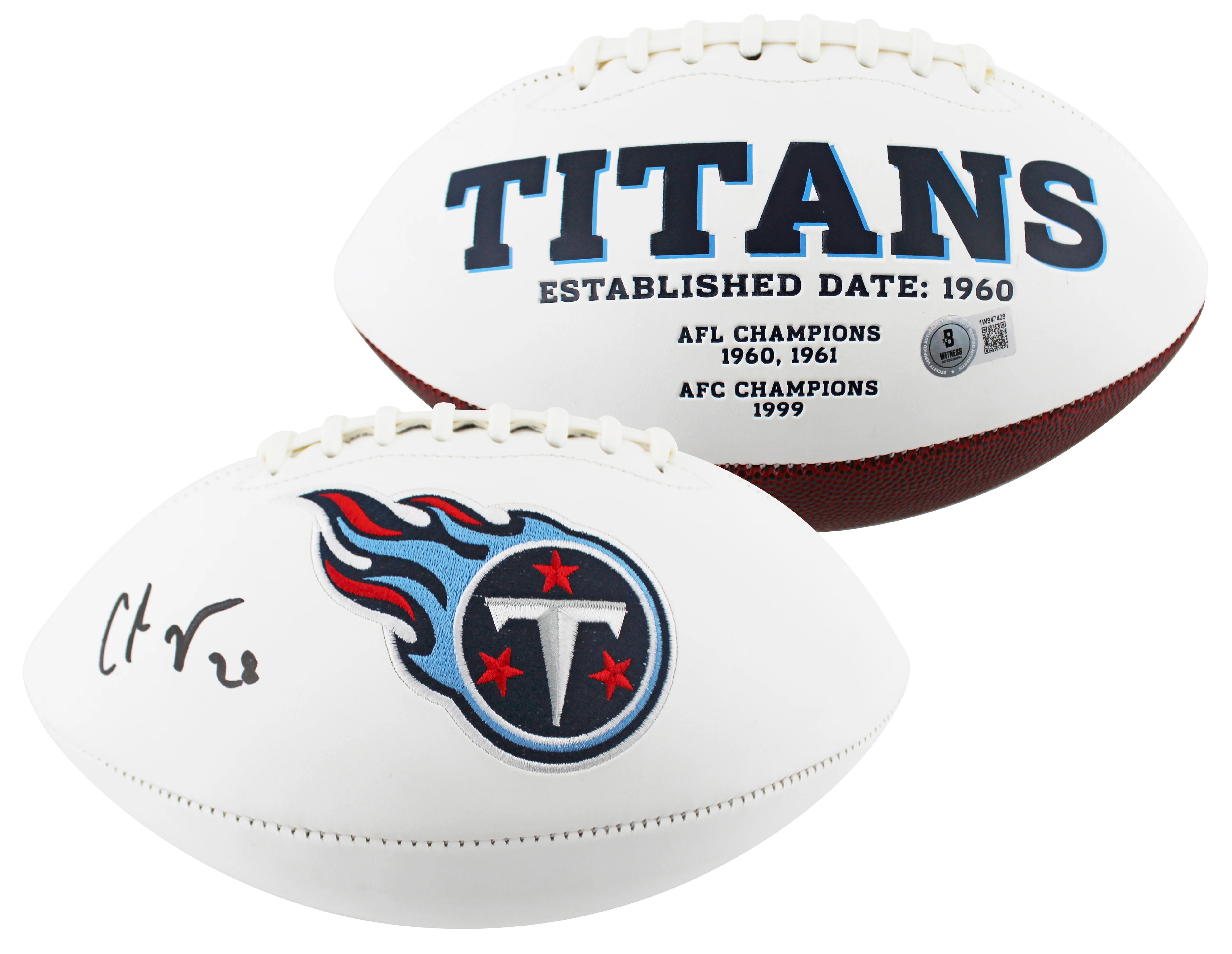 Titans Chris Johnson Signed Rawlings White Panel Football W/ Case BAS Witnessed - Image 3