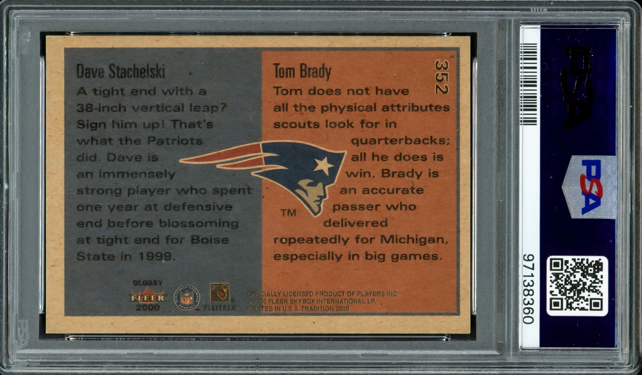 Tom Brady Autographed 2000 Fleer Glossy Rookie Card #352 New England Patriots Auto Grade Gem Mint 10 PSA/DNA #97138360 - Image 2