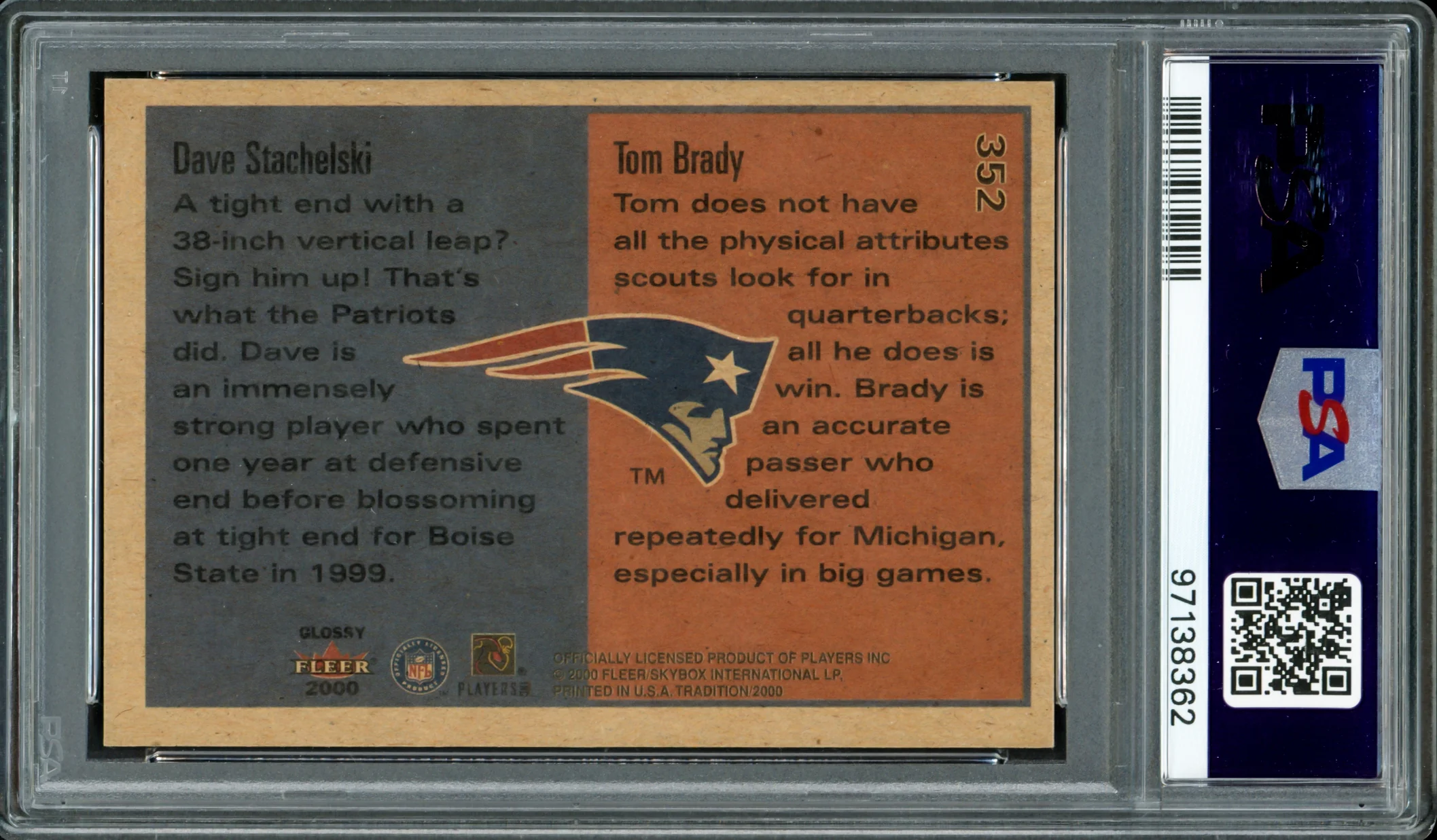 Tom Brady Autographed 2000 Fleer Glossy Rookie Card #352 New England Patriots Auto Grade Gem Mint 10 PSA/DNA #97138362 - Image 2