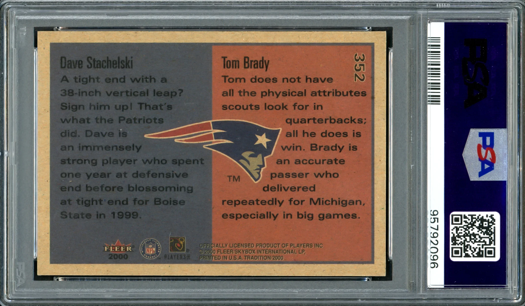 Tom Brady Autographed 2000 Fleer Tradition Rookie Card #352 New England Patriots PSA 8 Auto Grade Gem Mint 10 PSA/DNA #95792096 - Image 2