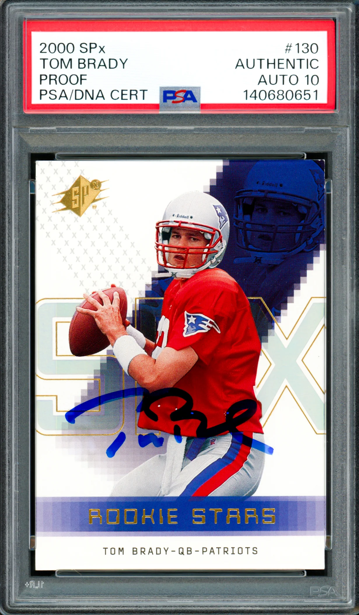 Tom Brady Autographed 2000 SPx Rookie Card #130 New England Patriots Auto Grade Gem Mint 10 PSA/DNA #140680651