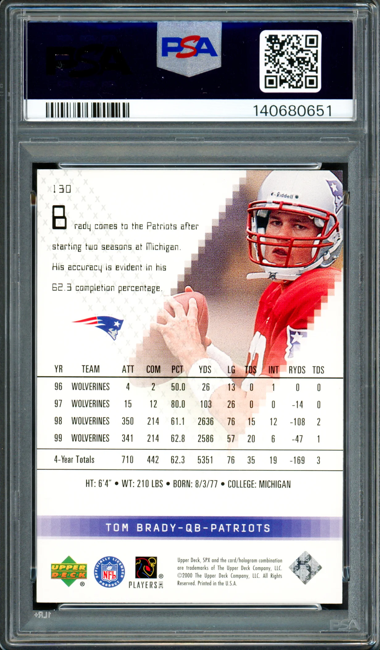 Tom Brady Autographed 2000 SPx Rookie Card #130 New England Patriots Auto Grade Gem Mint 10 PSA/DNA #140680651 - Image 2