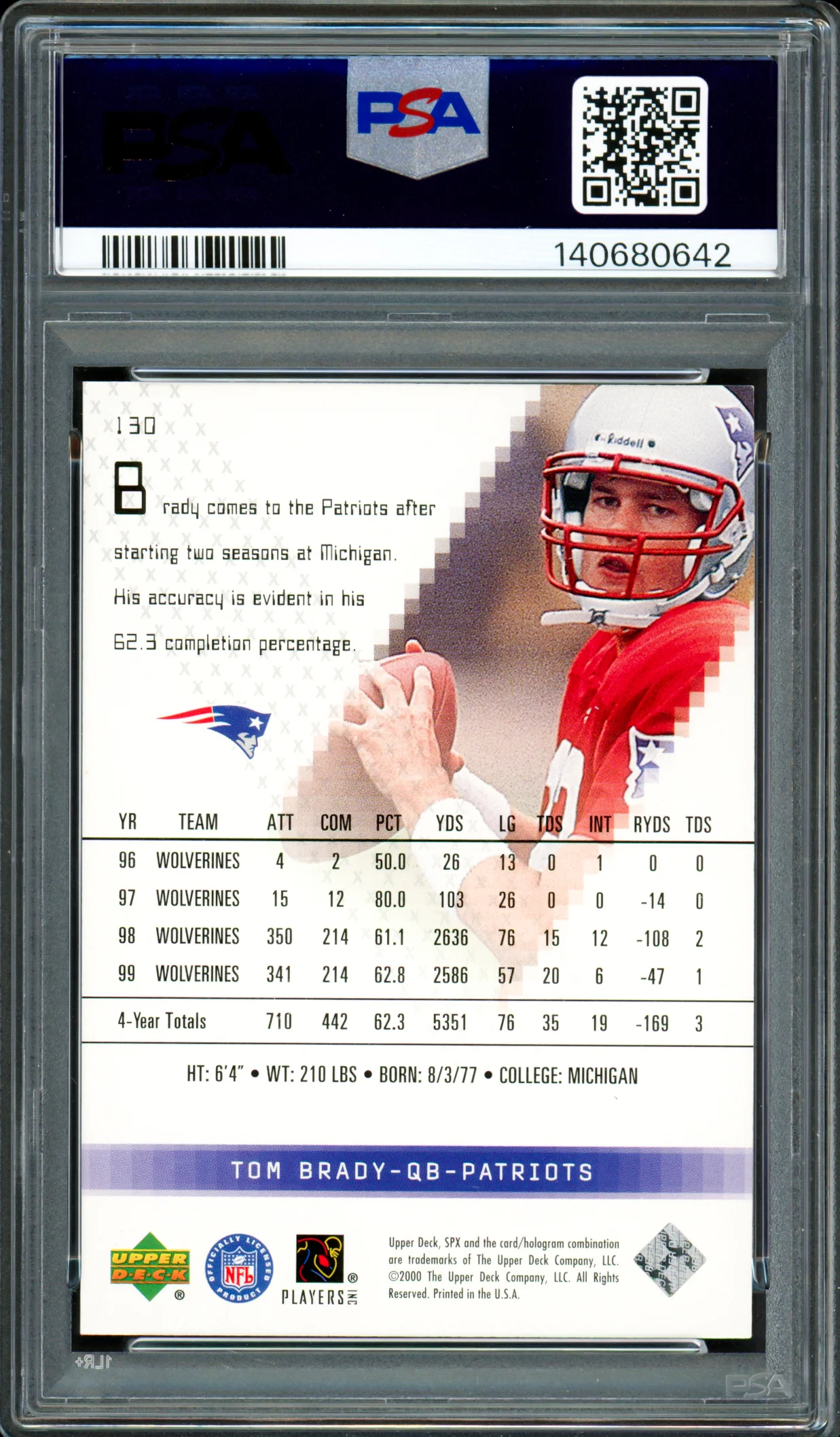 Tom Brady Autographed 2000 Upper Deck SPx Rookie Card #130 New England Patriots Auto Grade Gem Mint 10 PSA/DNA #140680642 - Image 2