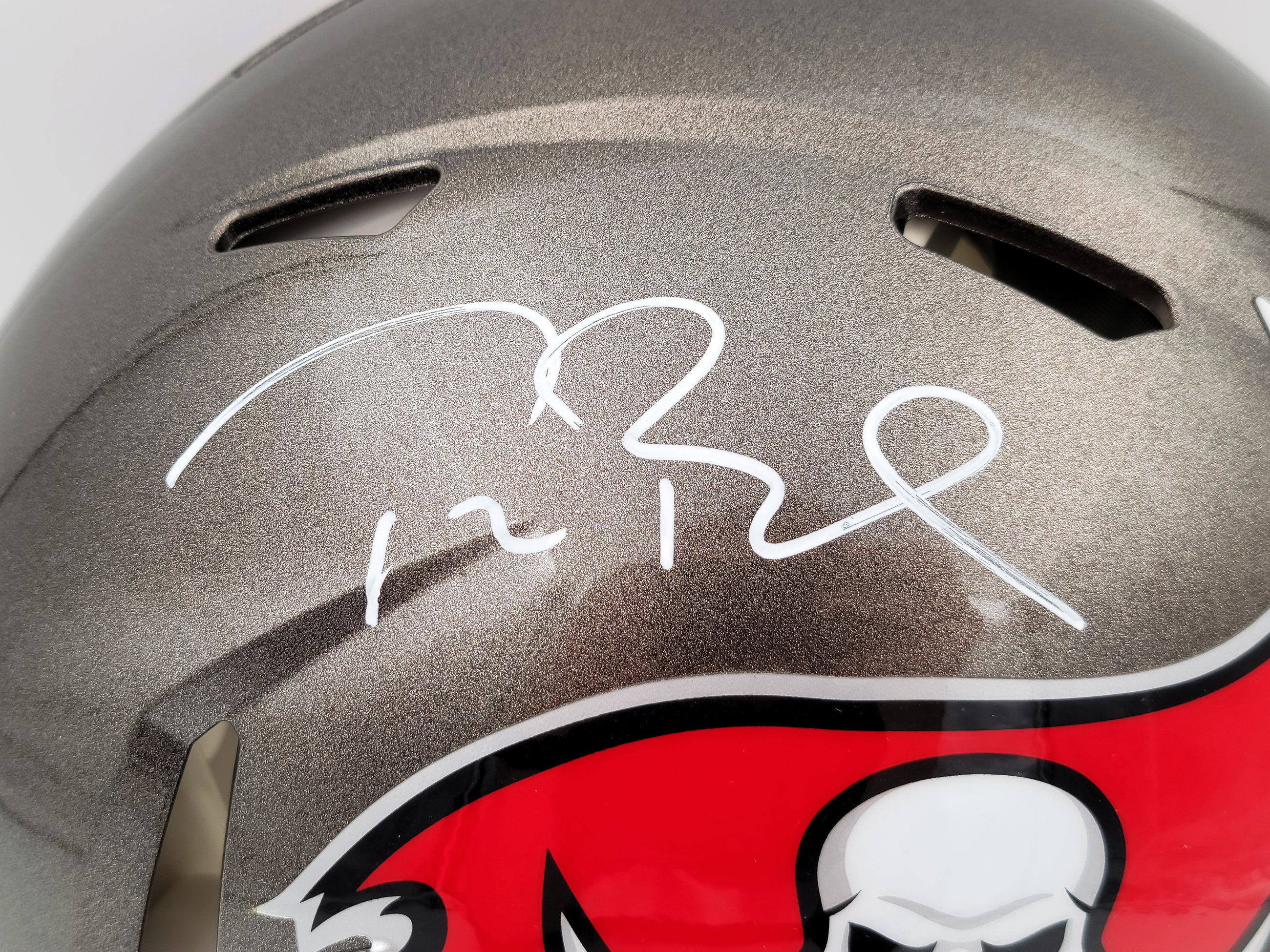 Tom Brady Autographed Tampa Bay Buccaneers Gray Full Size Authentic Speed Helmet Fanatics Holo Stock #202344 - Image 2