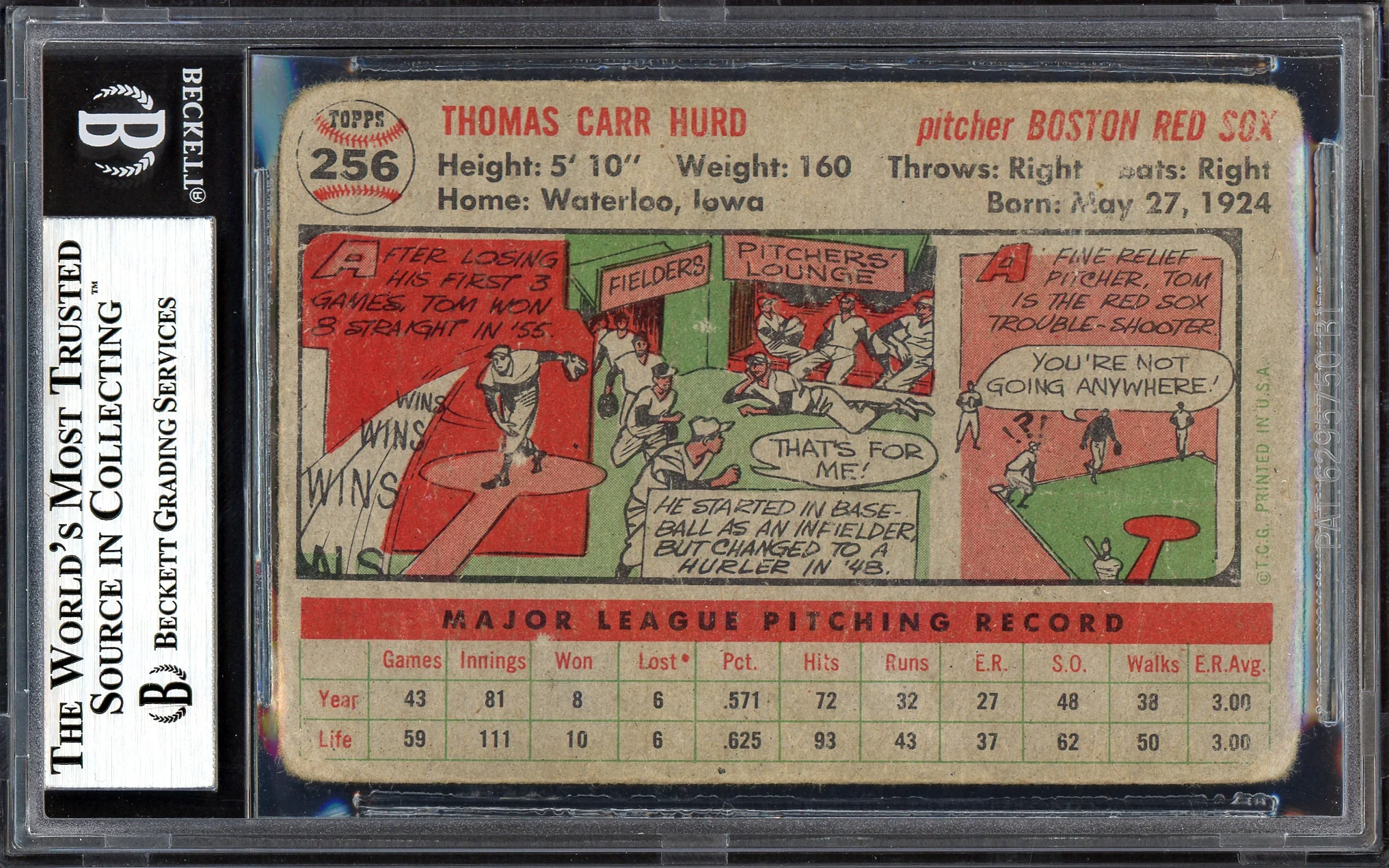 Tom Hurd Autographed 1956 Topps Card #256 Boston Red Sox (Off-Condition) Beckett BAS #13610268 - Image 2