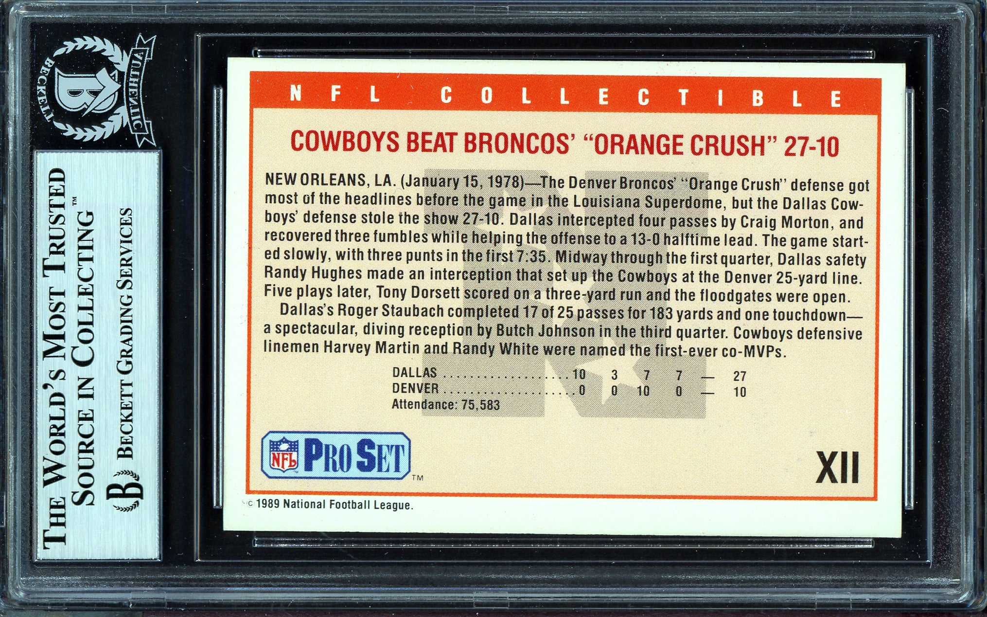 Tom Landry Autographed 1989 Pro Set Card #XII Dallas Cowboys Super Bowl XII Beckett BAS #13609044 - Image 2