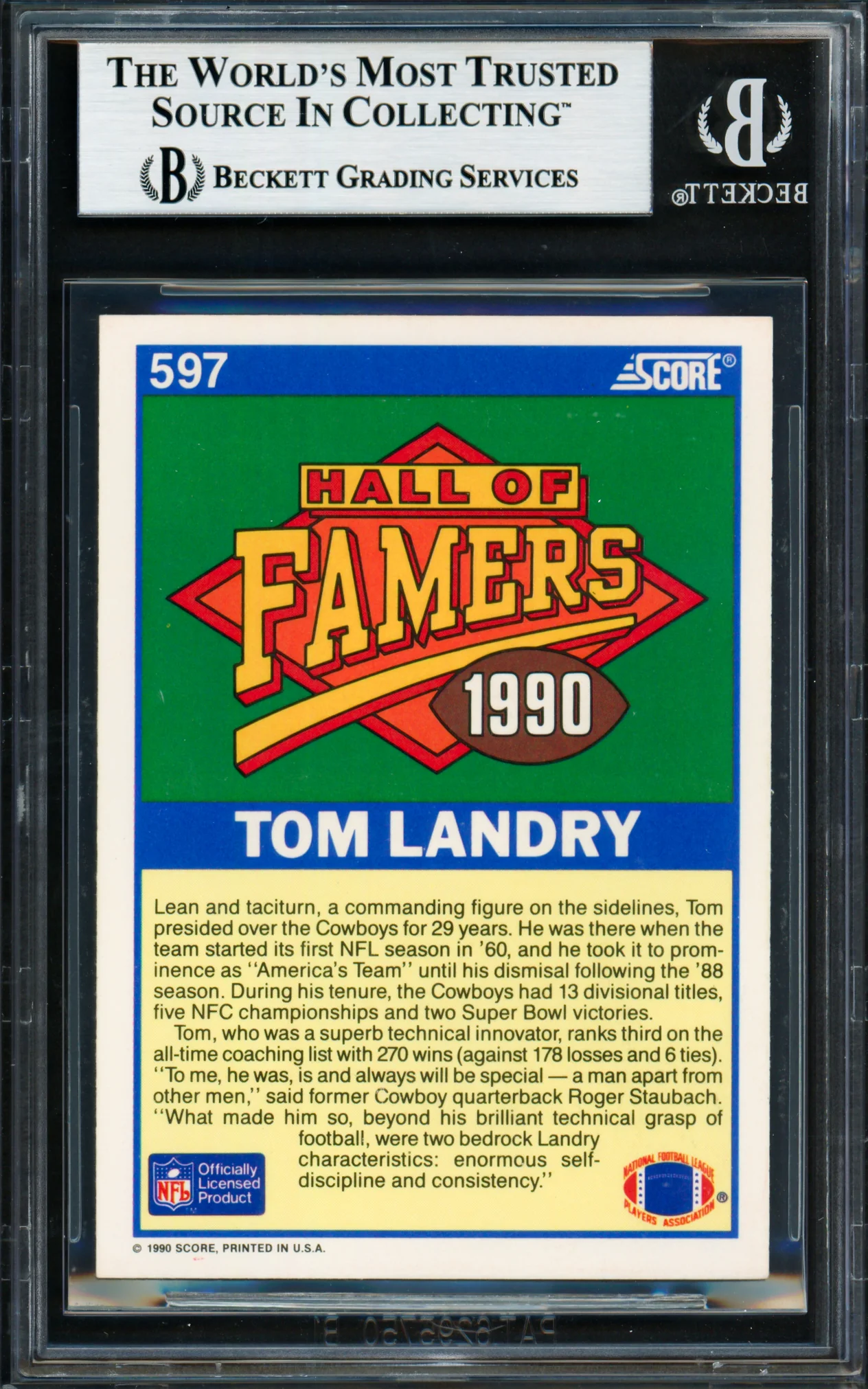 Tom Landry Autographed 1990 Score Card #597 Dallas Cowboys Beckett BAS #18283485 - Image 2