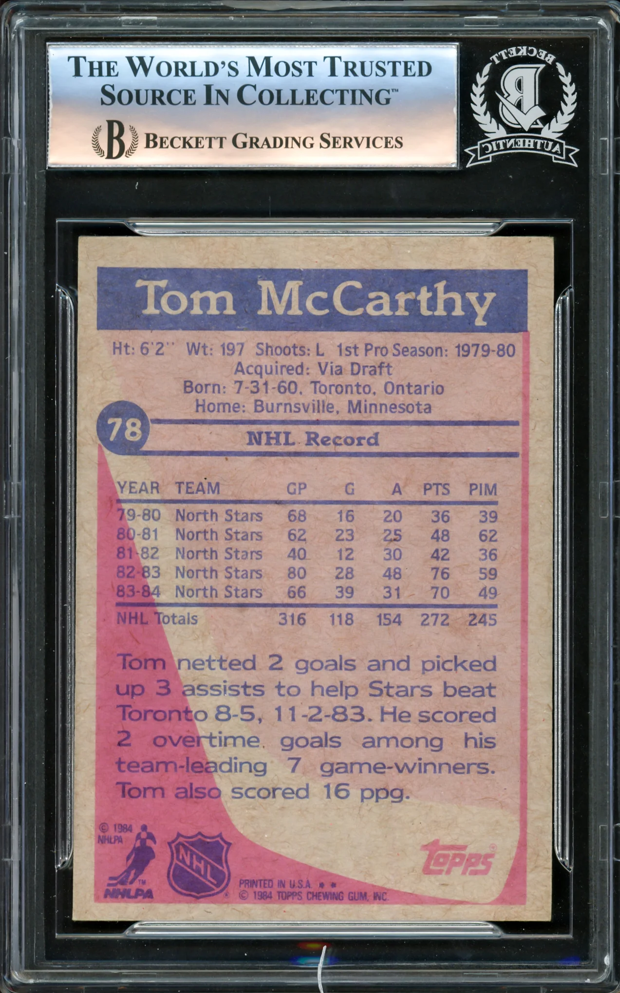 Tom McCarthy Autographed 1984 Topps Card #78 Minnesota North Stars Beckett BAS #16340842 - Image 2