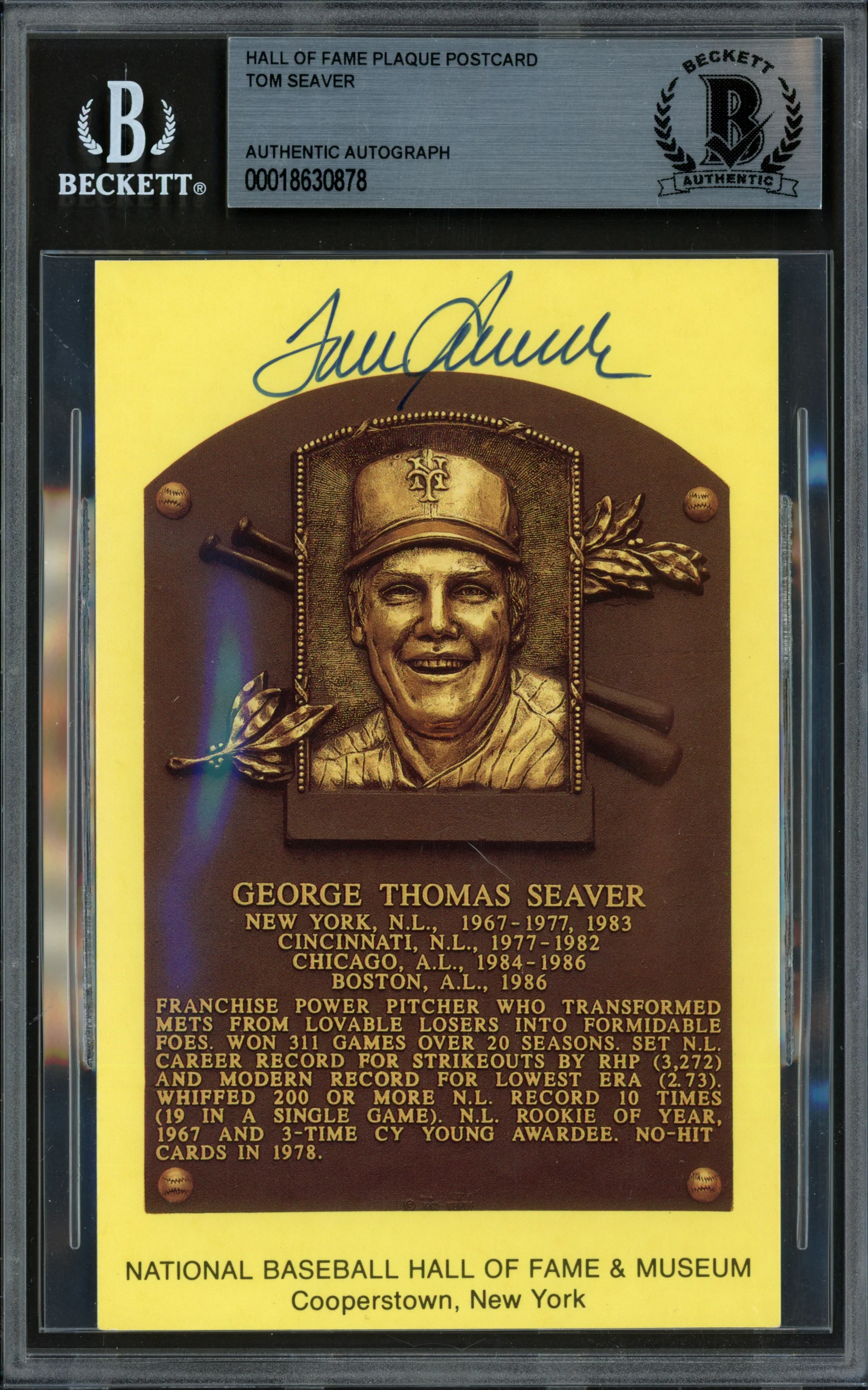 Tom Seaver Autographed Hall of Fame Plaque Postcard New York Mets Beckett BAS #18630878