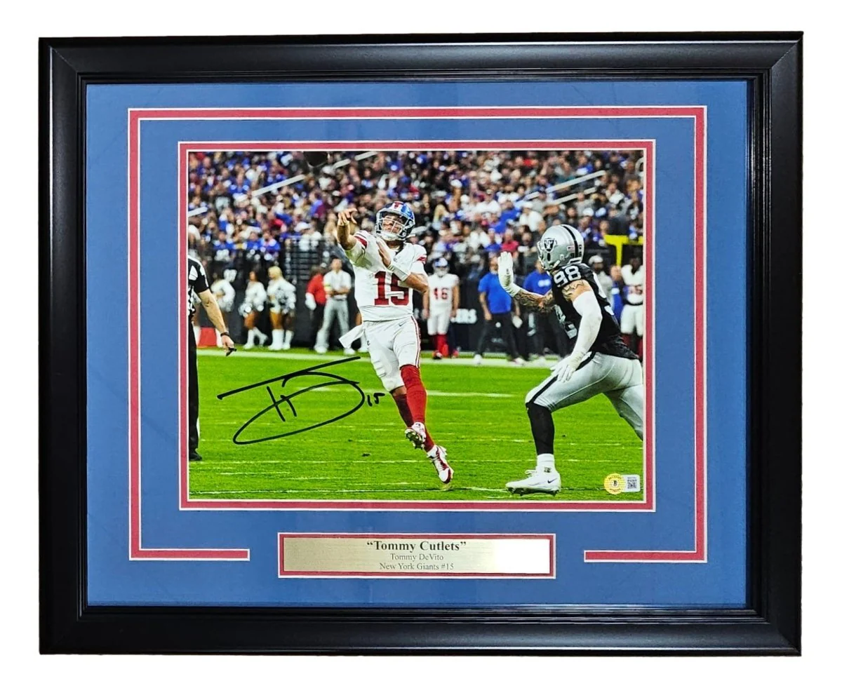Tommy Devito Signed Framed 11x14 New York Giants vs Raiders Photo BAS ITP - Image 4