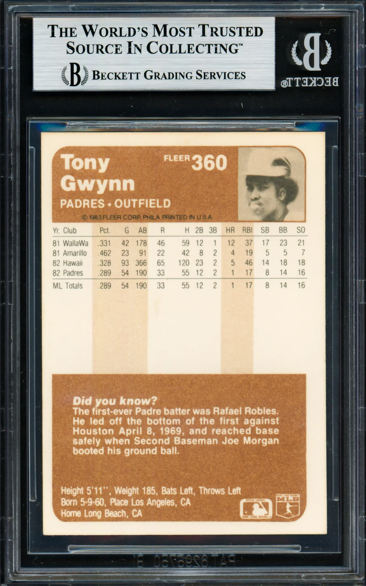 Tony Gwynn Autographed 1983 Fleer Rookie Card #360 San Diego Padres Beckett BAS #18628757 - Image 2