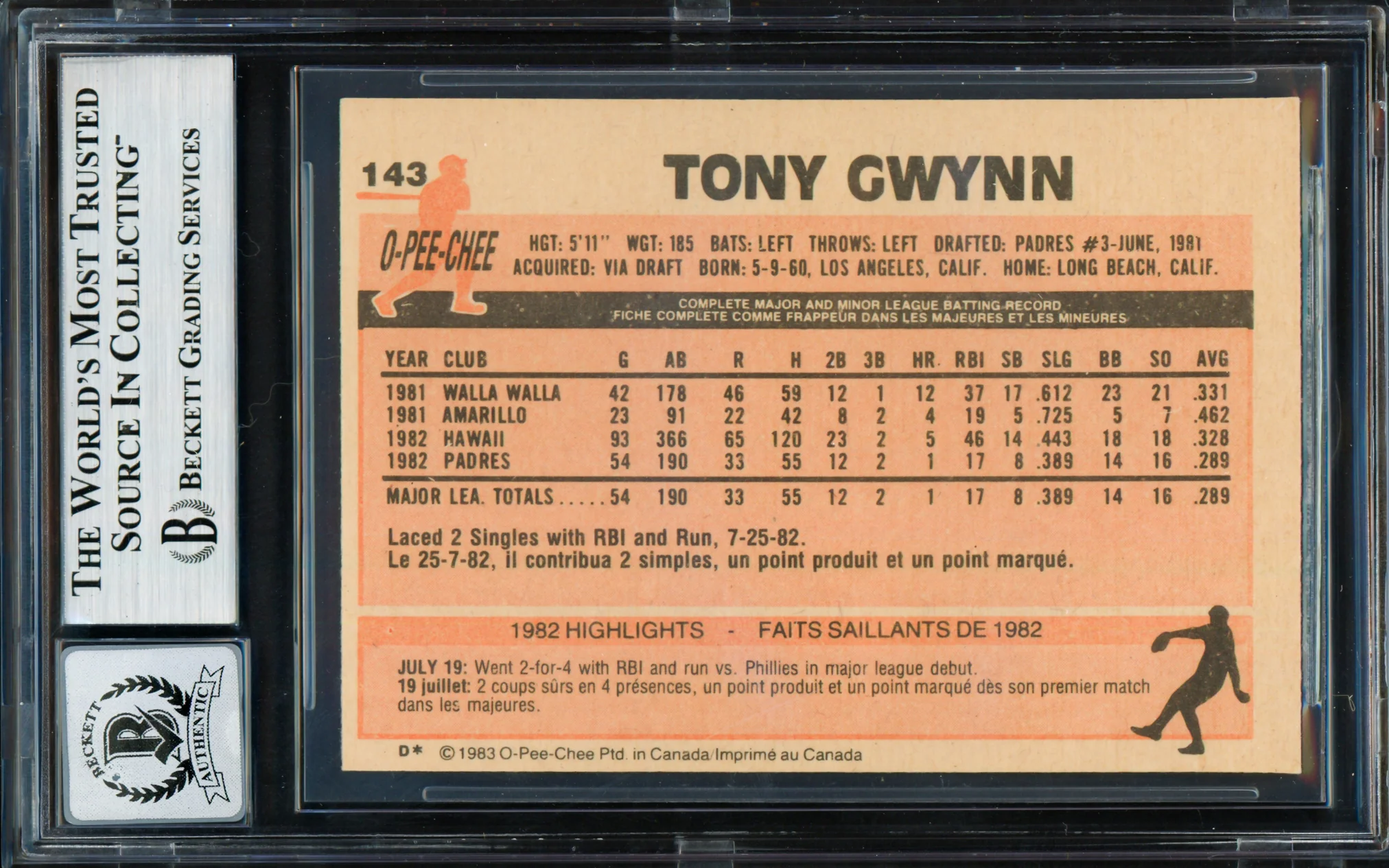 Tony Gwynn Autographed 1983 O Pee Chee Rookie Card #143 San Diego Padres Auto Grade Gem Mint 10 (Aftermarket Sticker) Beckett BAS #19658561 - Image 2
