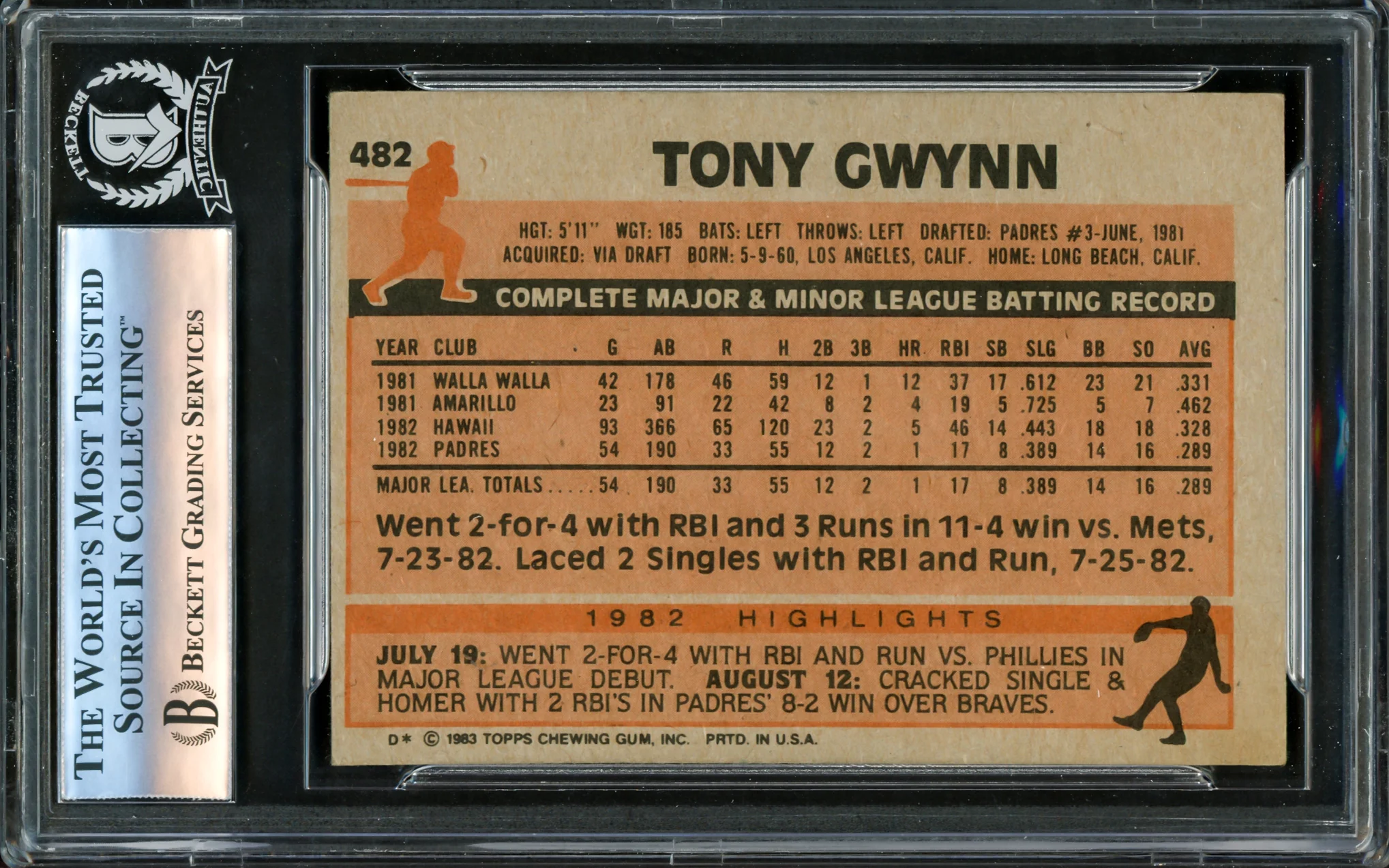 Tony Gwynn Autographed 1983 Topps Rookie Card #482 San Diego Padres Beckett BAS #16176138 - Image 2
