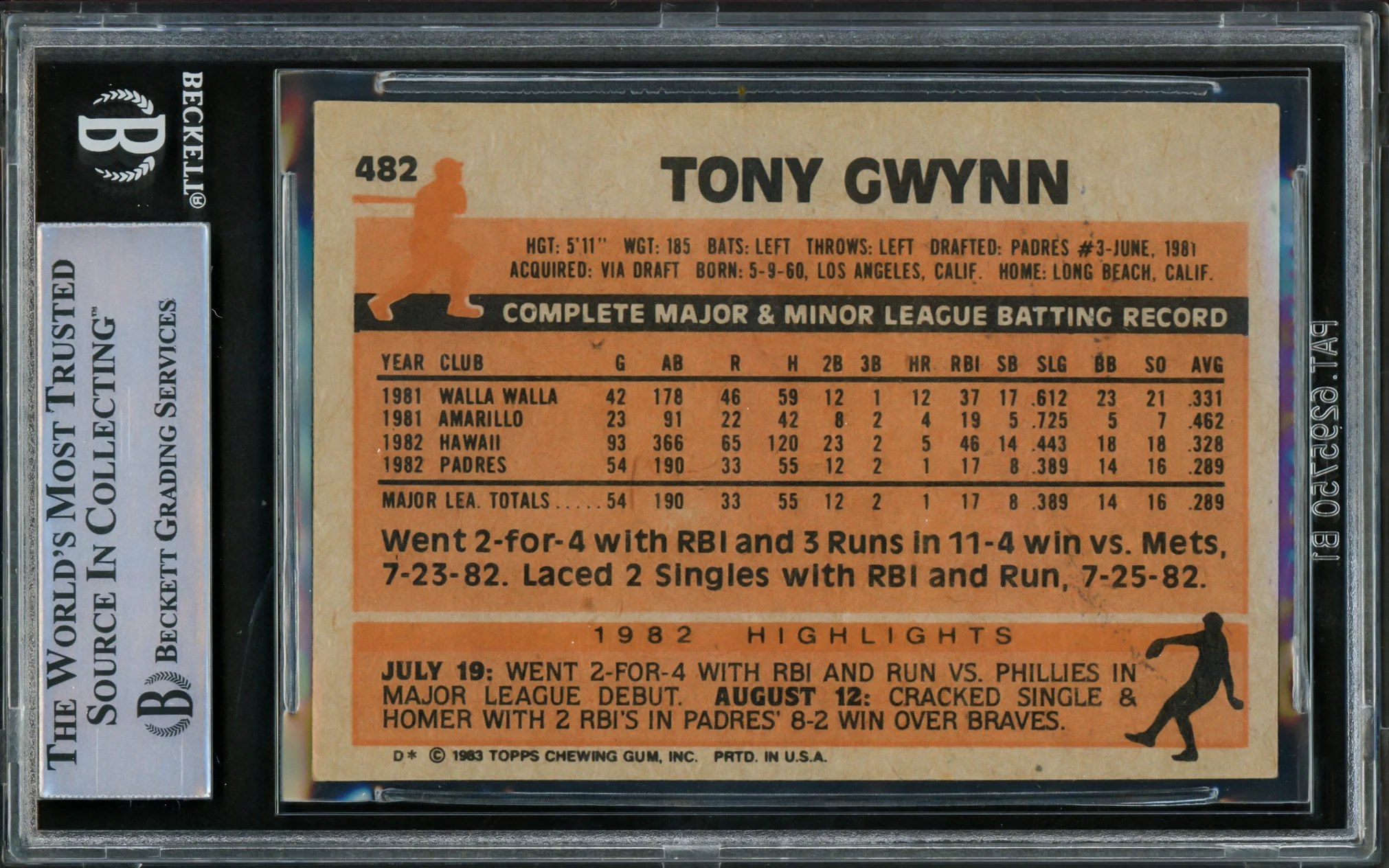 Tony Gwynn Autographed 1983 Topps Rookie Card #482 San Diego Padres (Light) Beckett BAS #15780950 - Image 2