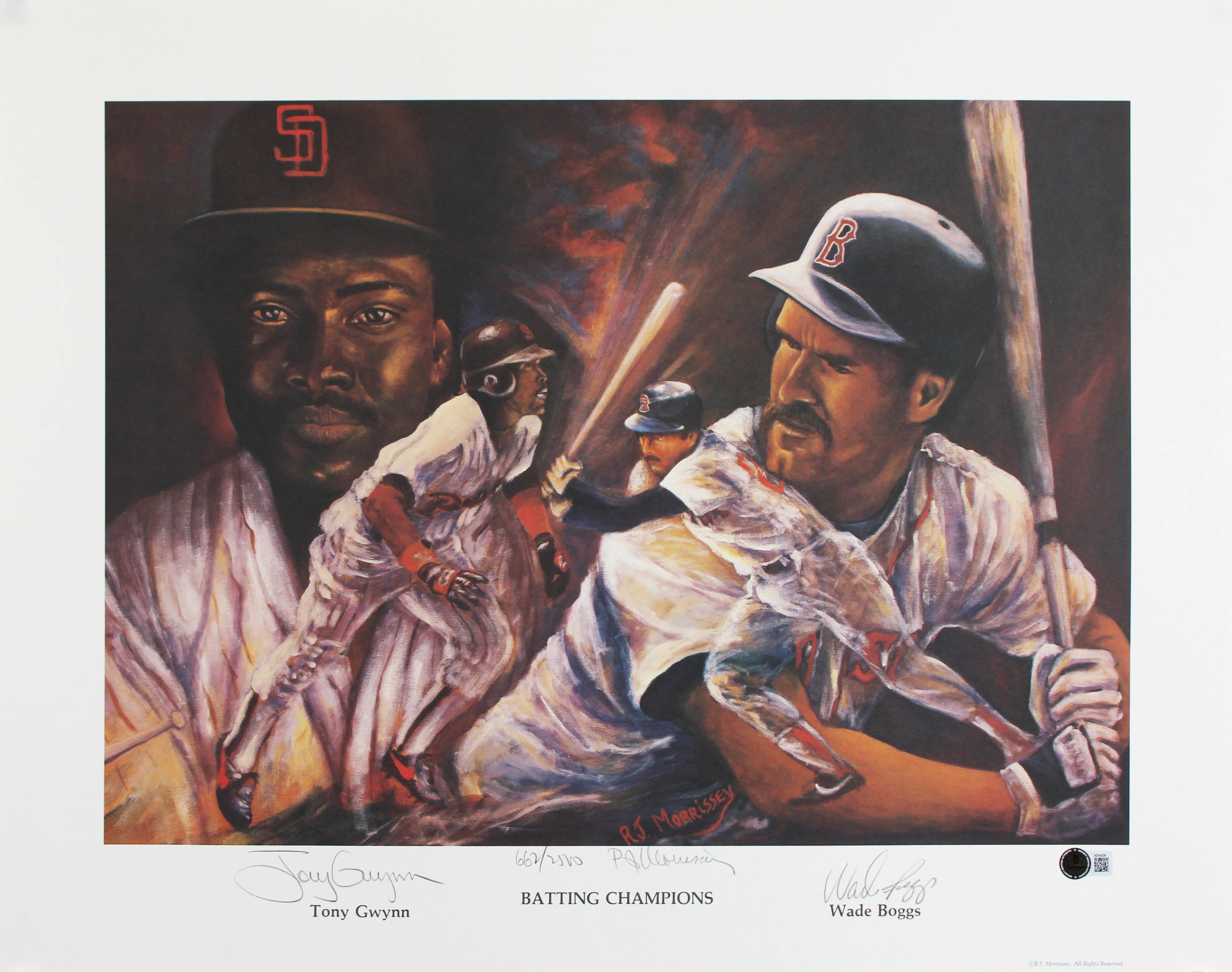 Tony Gwynn, Wade Boggs & R.J. Morrissey Authentic Signed 19x24 Lithograph BAS - Image 2