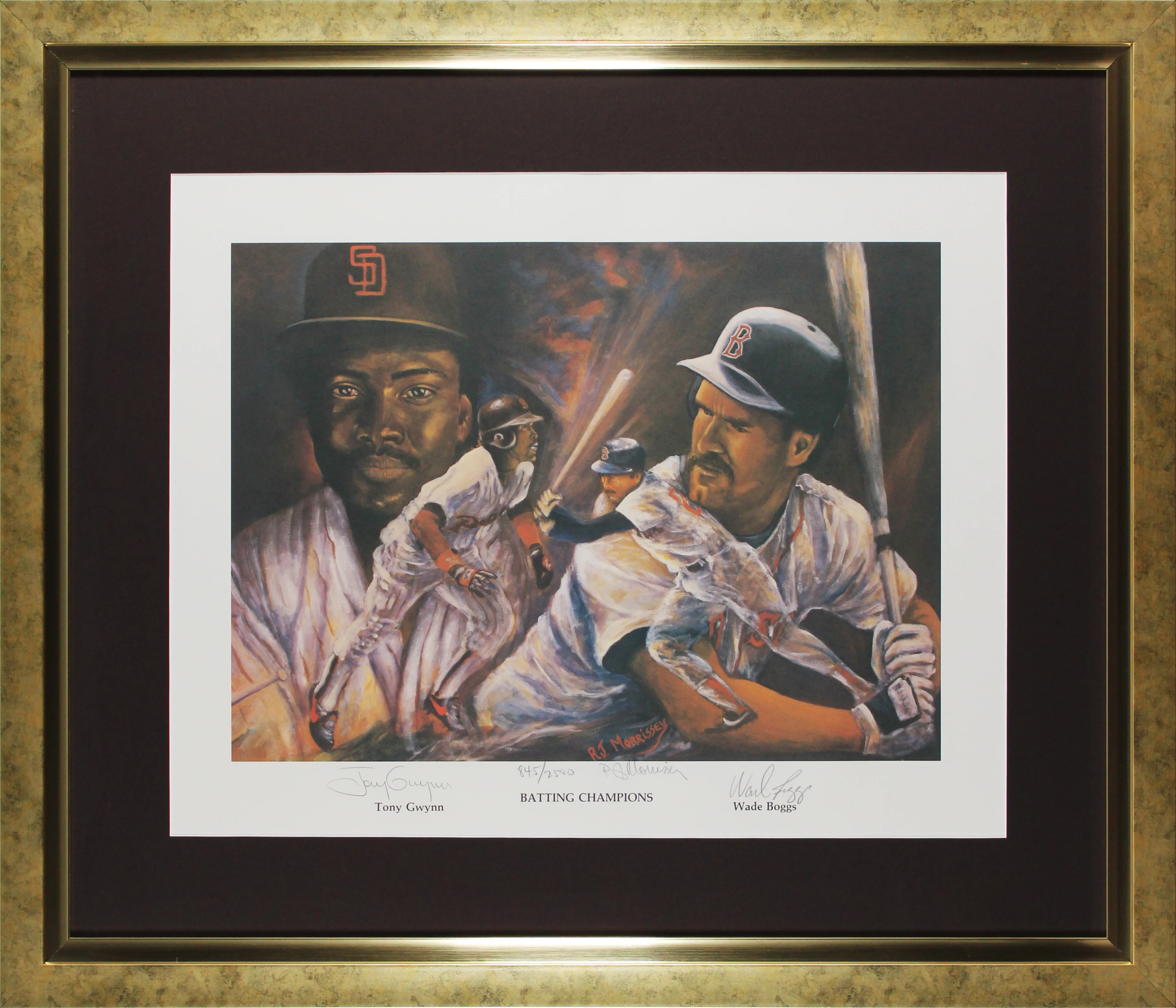 Tony Gwynn, Wade Boggs & R.J. Morrissey Signed 19x24 Framed Lithograph BAS - Image 2
