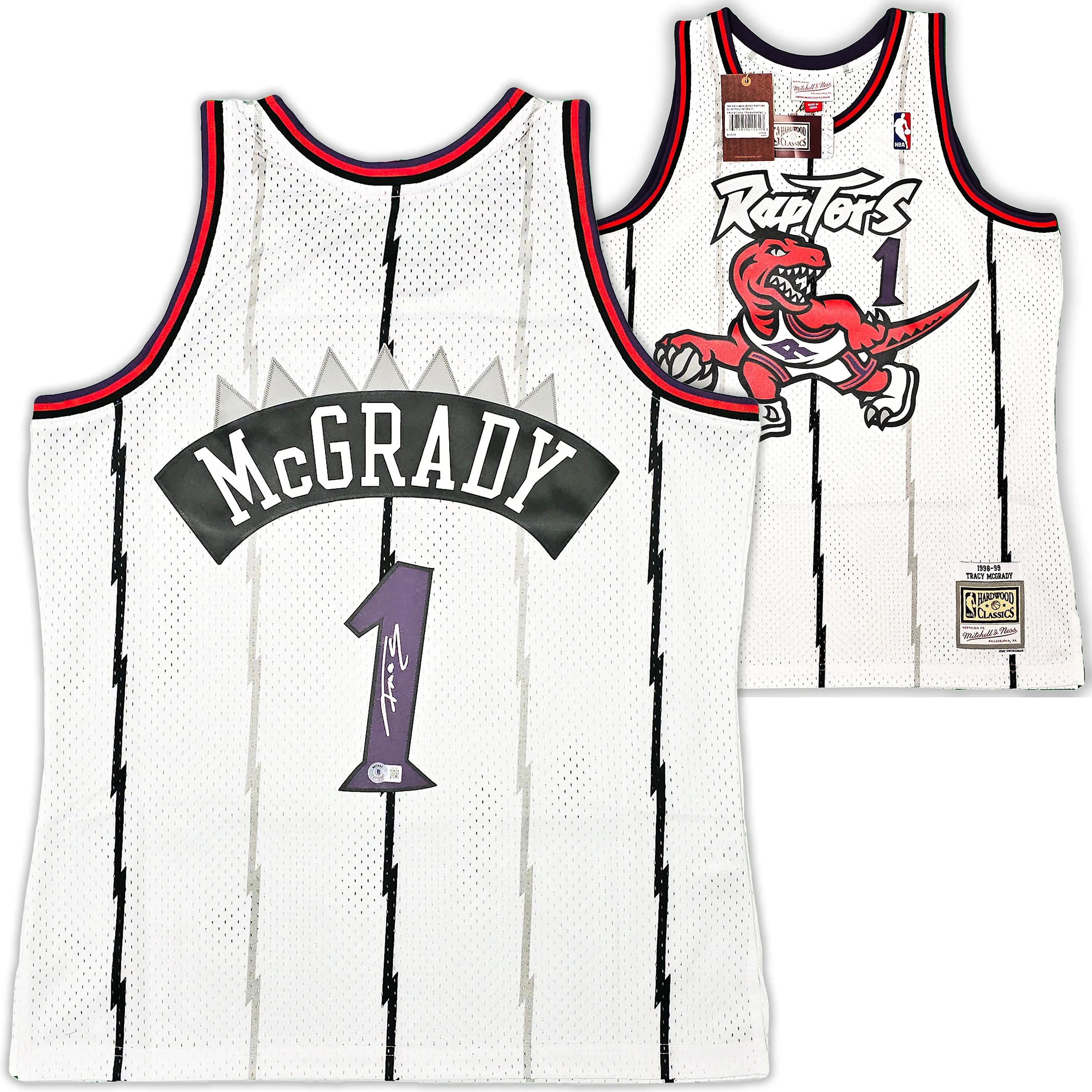 Toronto Raptors Tracy McGrady Autographed White Authentic Mitchell & Ness 1998-99 HWC Swingman Jersey Size L Beckett BAS Witness Stock #216975