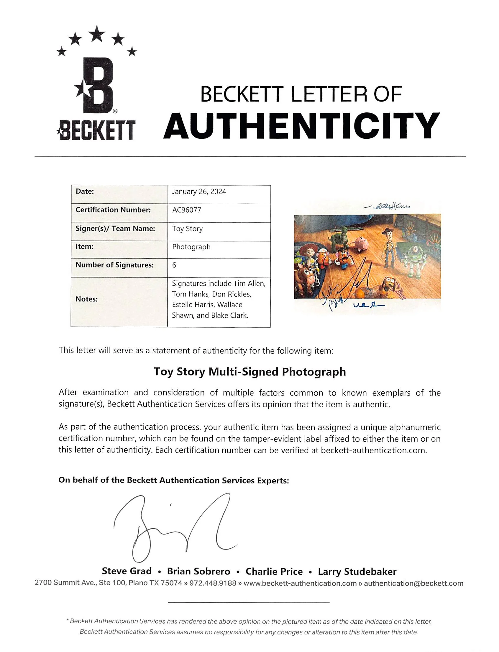 Toy Story (6) Hanks, Allen, Rickles, Harris +2 Signed 11x14 Framed Photo BAS LOA - Image 4